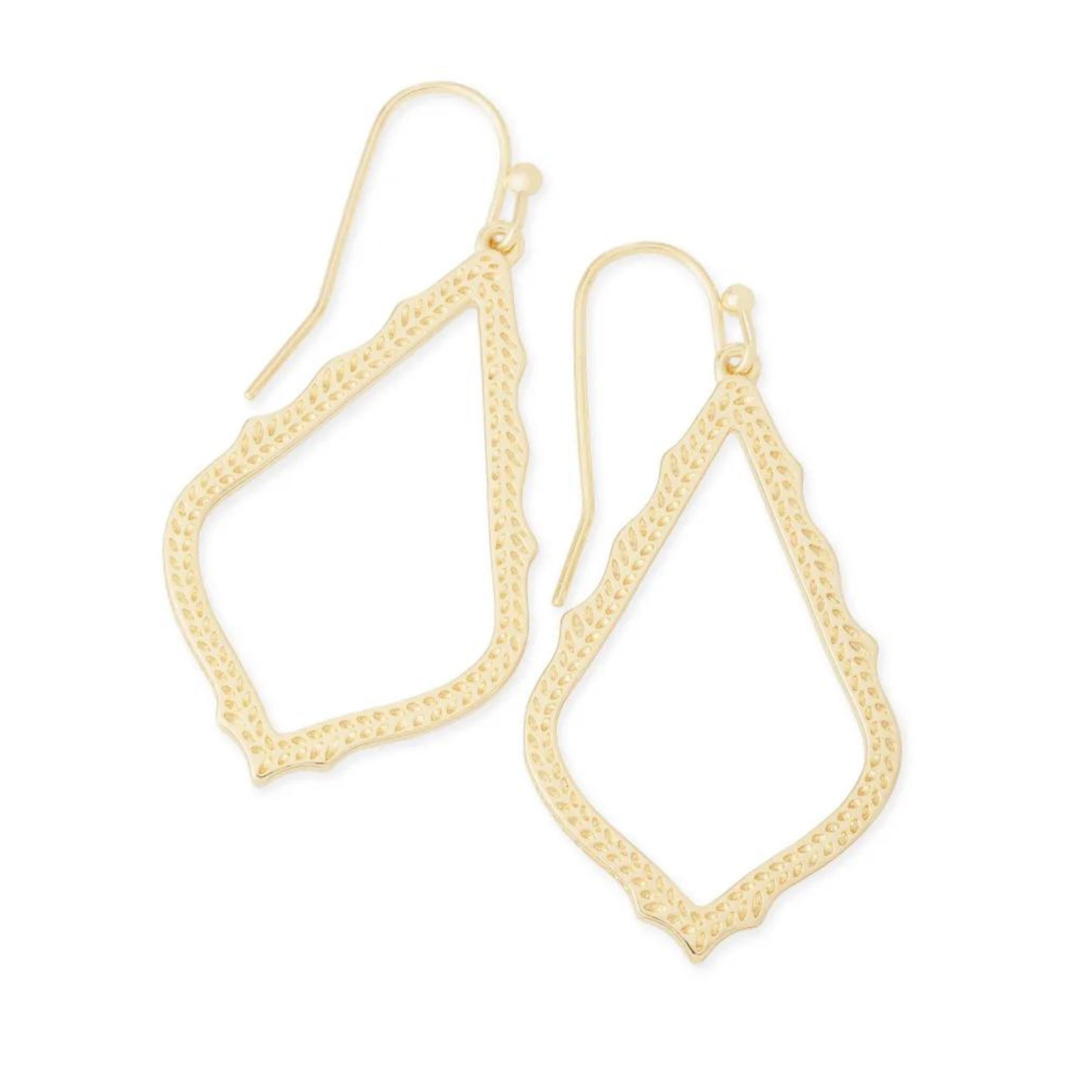 Gold dangle earrings pictured on a white background.