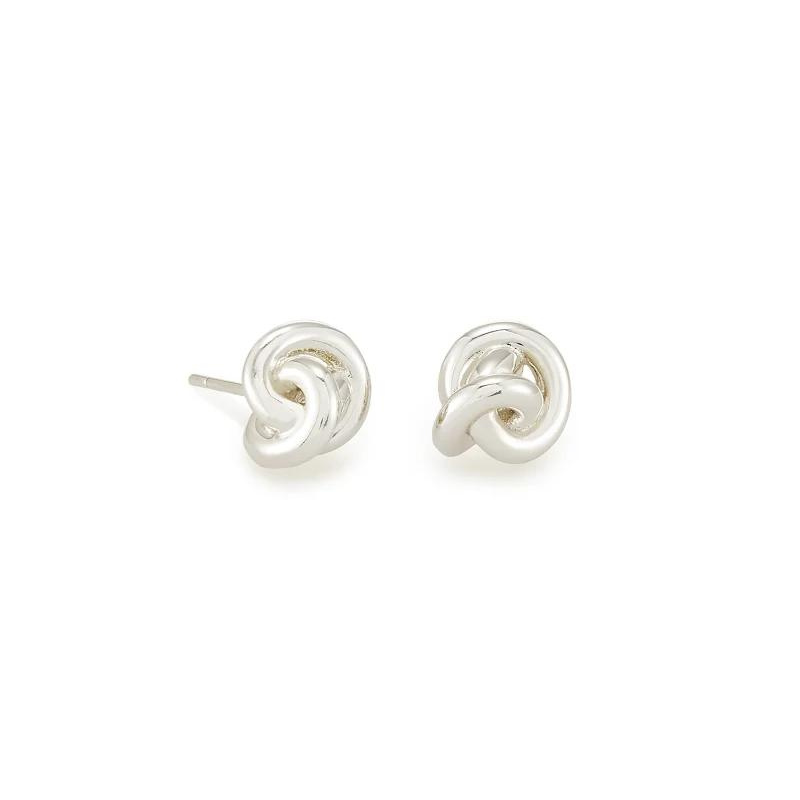 Silver knot stud earrings, pictured on a white background.