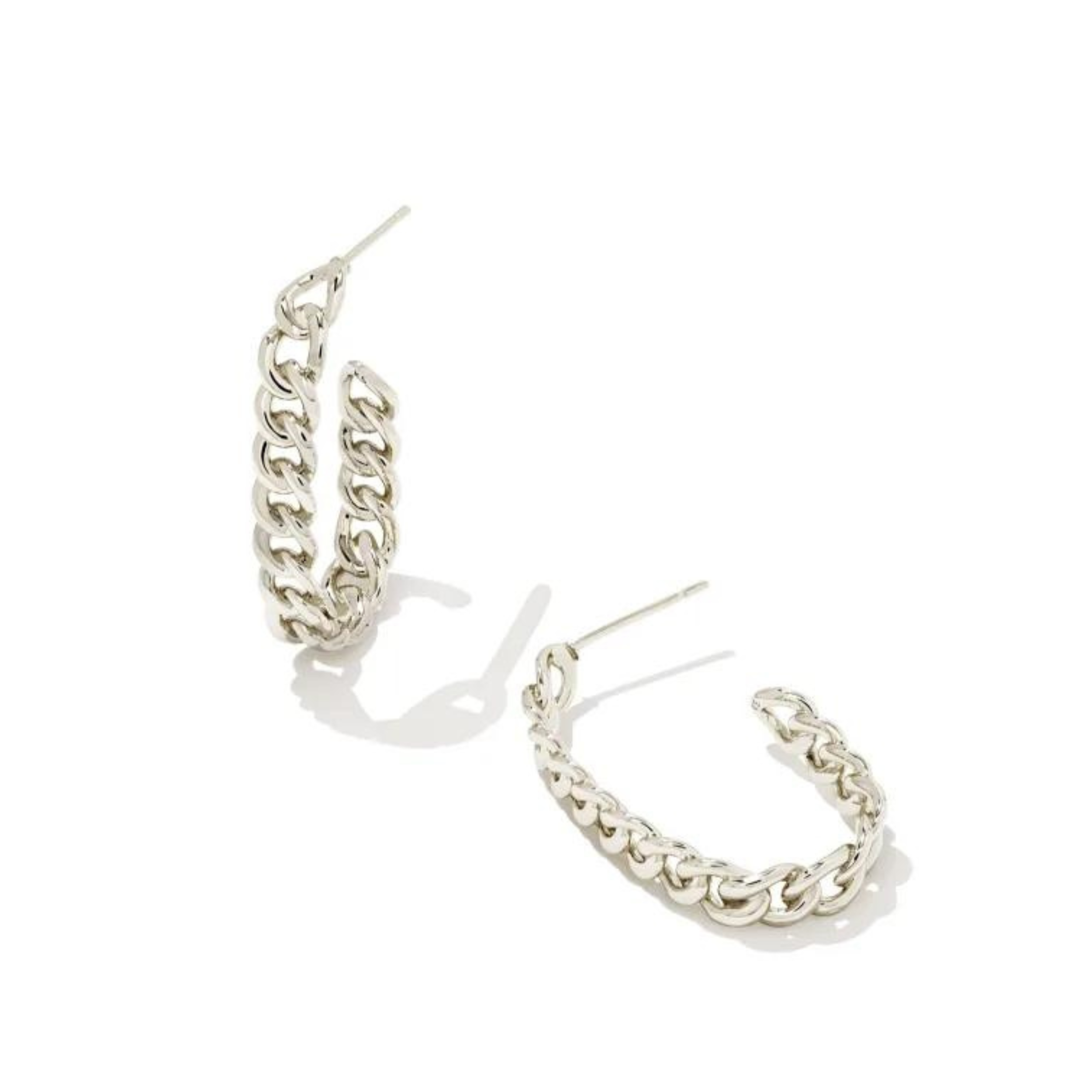 Silver chain link hoop earrings pictured on a white background.
