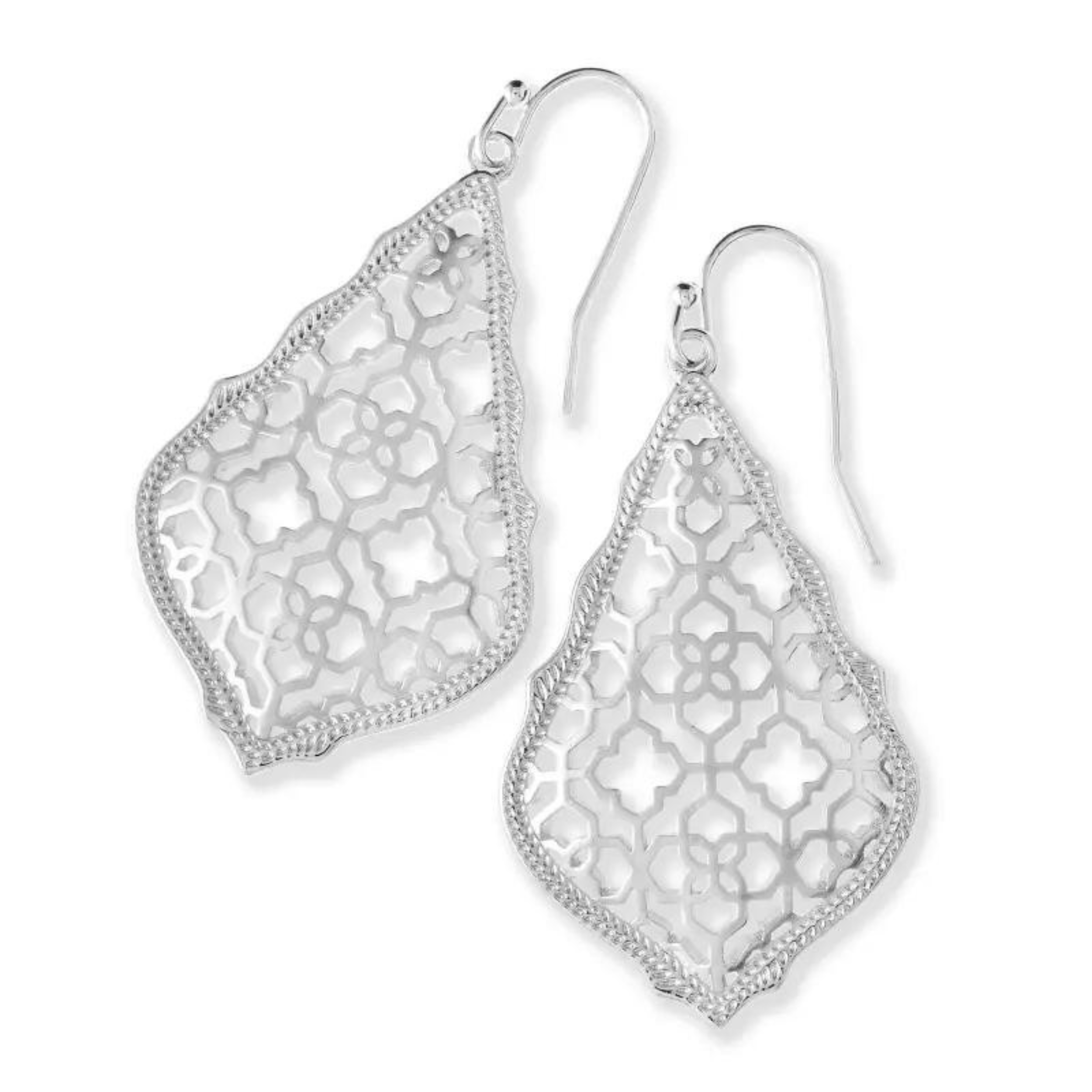 Silver dangle earrings pictured on a white background.
