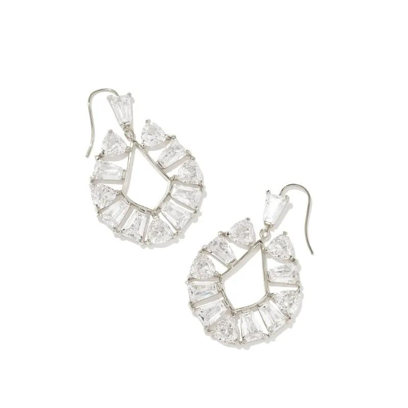 Silver white crystal open frame earrings, pictured on a white background.