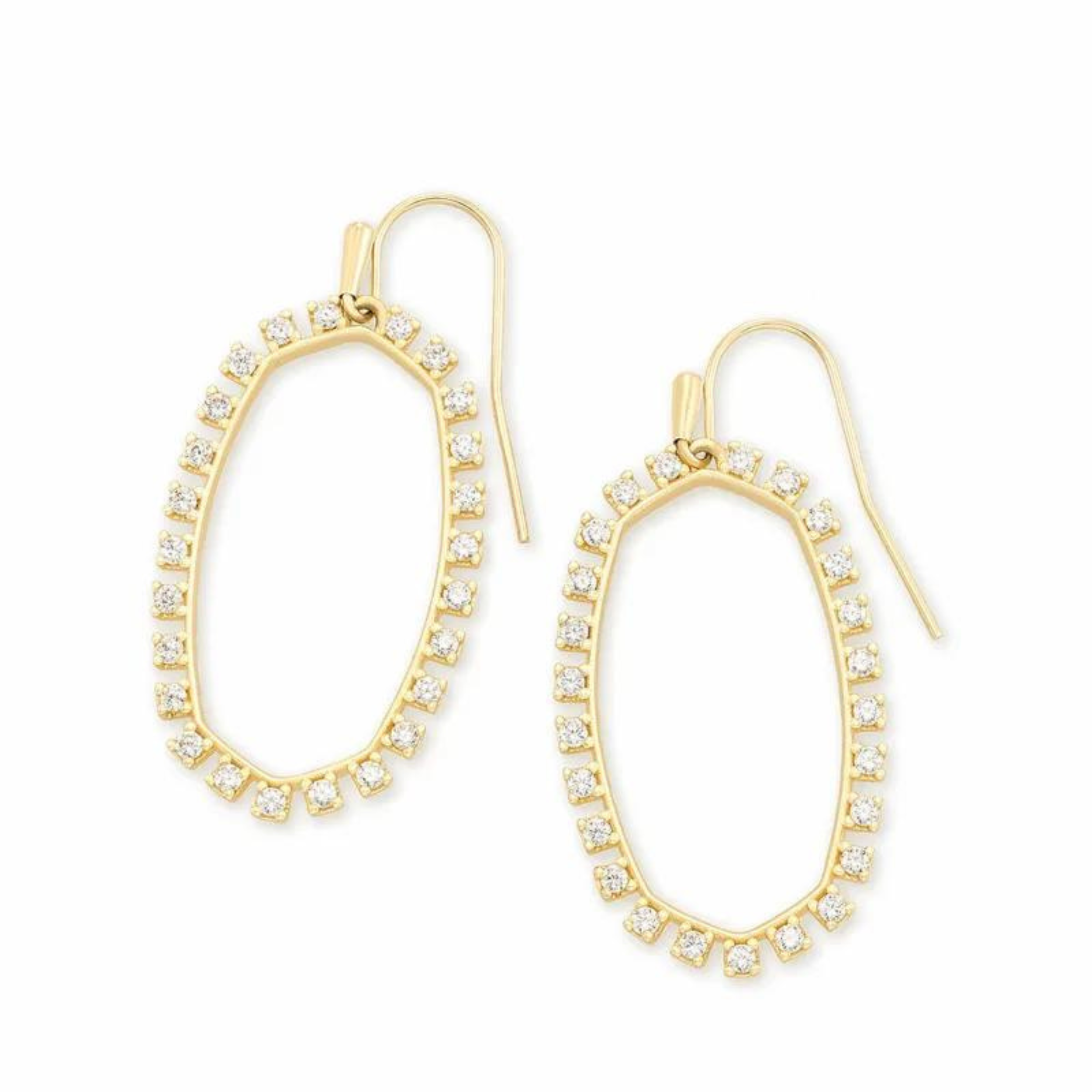 Gold dangle earrings with crystals pictured on a white background.