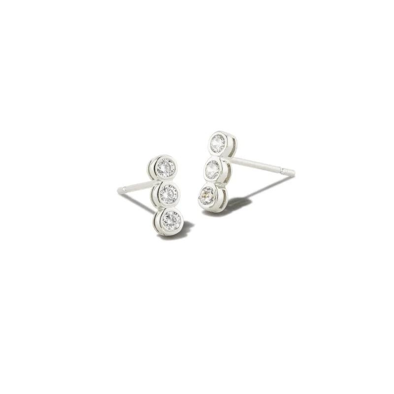 Silver white crystal studs with 3 cirlce stones, pictured on a white background.