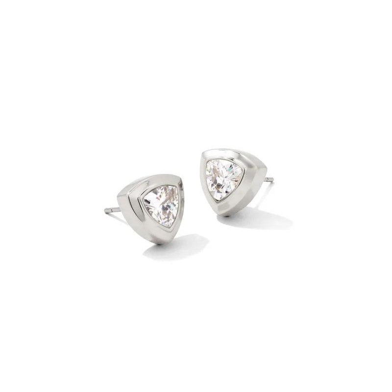 Silver triangle stud earrings with white crystals in the center, pictured on a white background.