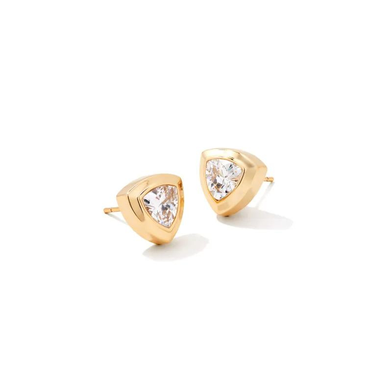 Gold triangle stud earrings with white crystal stones in the center, pictured on a white background.