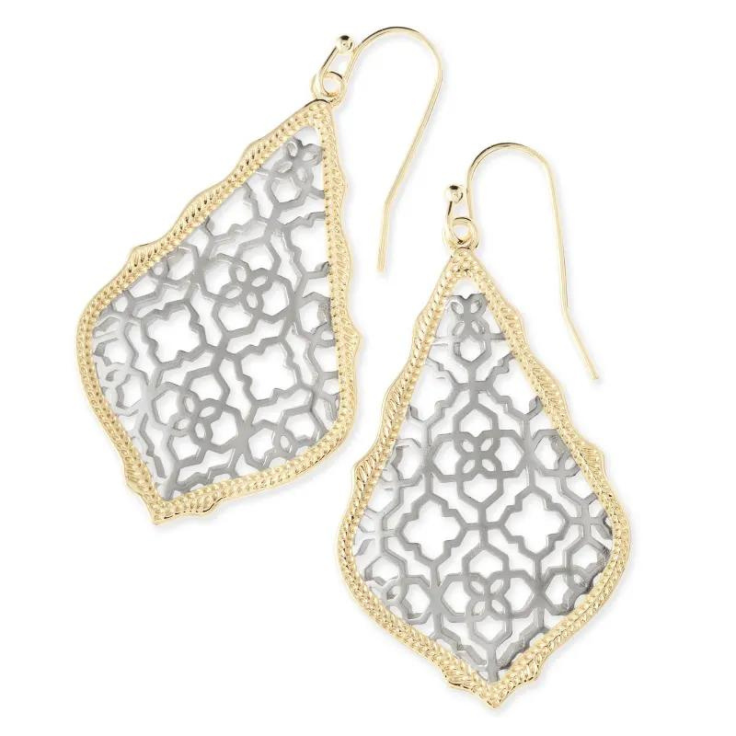 A mix of gold and silver dangle earrings pictured on a white background.