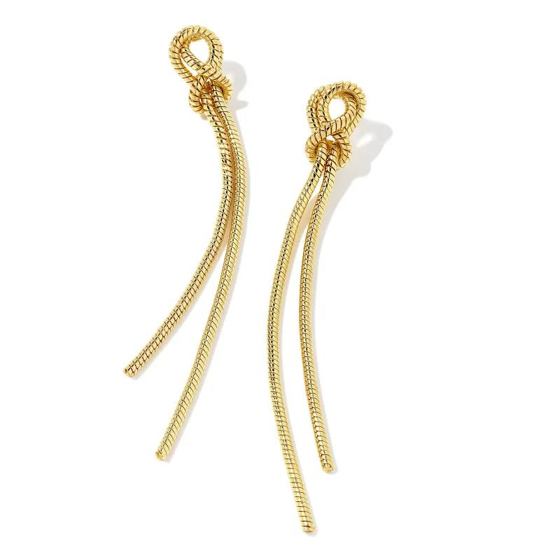 Gold dangle earrings with loop at the top of the earrings, pictured on a white background.