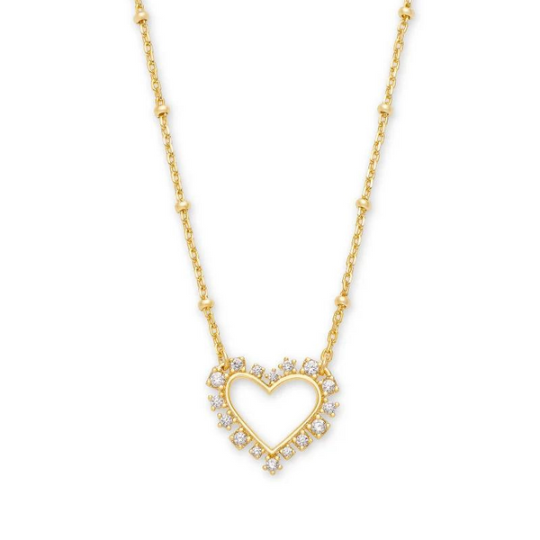 Gold heart necklace with white crystals, pictured on a white background.