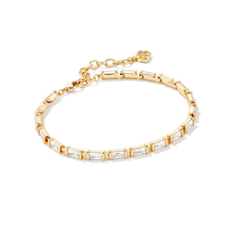 Gold chain bracelet with rectangle white crystals, pictured on a white background.