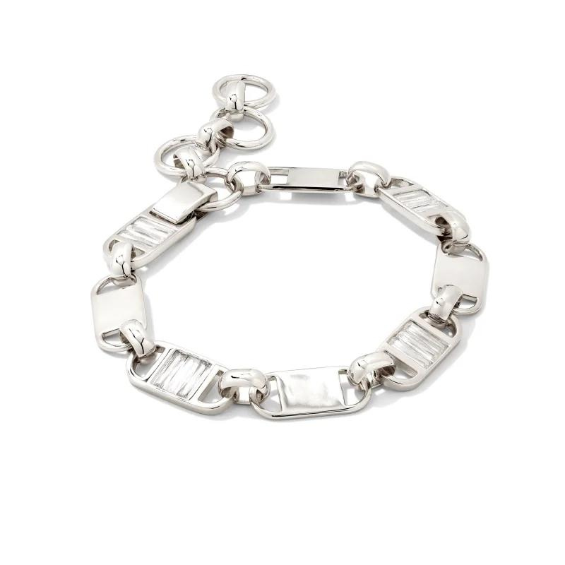 Silver chain link bracelet with white crystals.