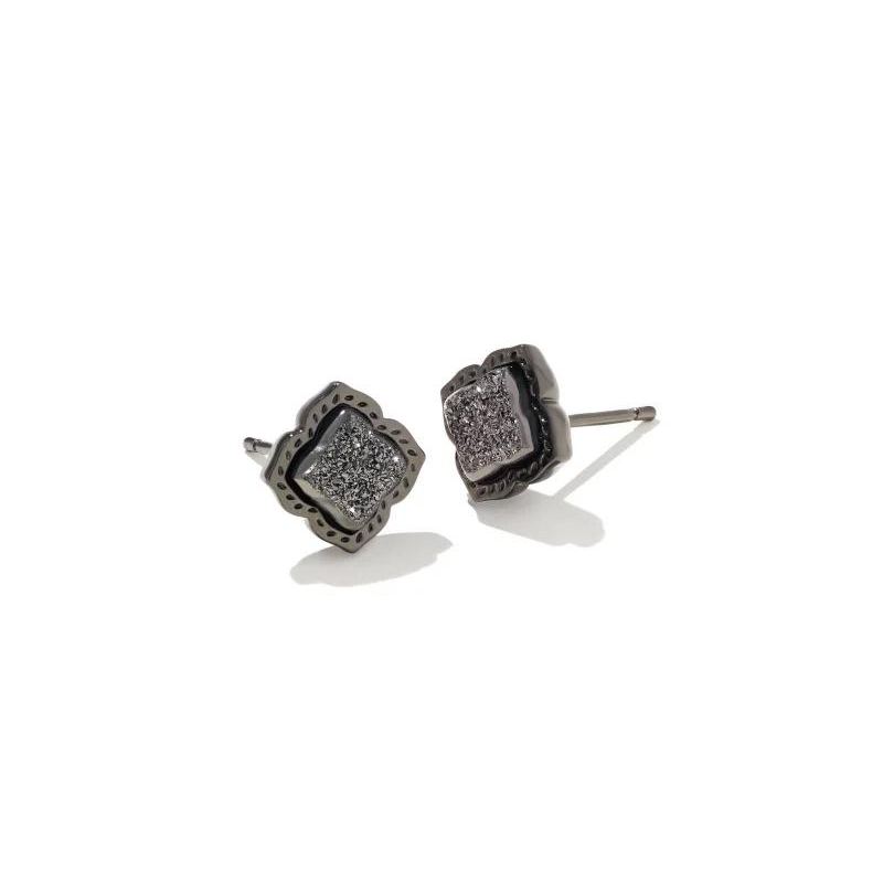 Gunmetal stud earrings with black drusy stones, pictured on a white background.