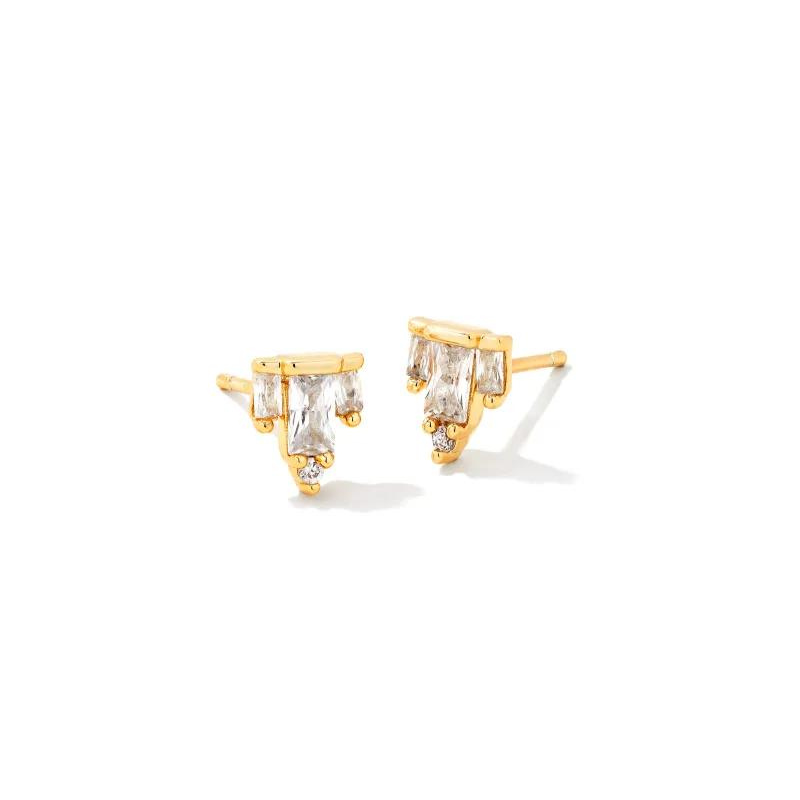 Gold studs with white crystals, pictured on a white background.