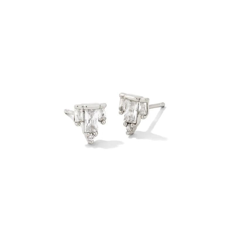 Silver studs with white crystals, pictured on a white background.