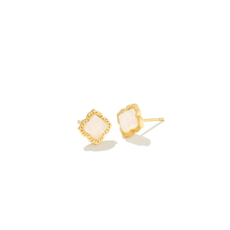 Gold stud earrings with iridescent drusy stones, pictured on a white background.