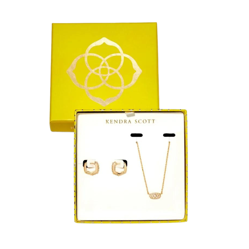 Kendra Scott | Grayson Gold Pendant & Huggie Gift Set in White Crystal - Giddy Up Glamour Boutique