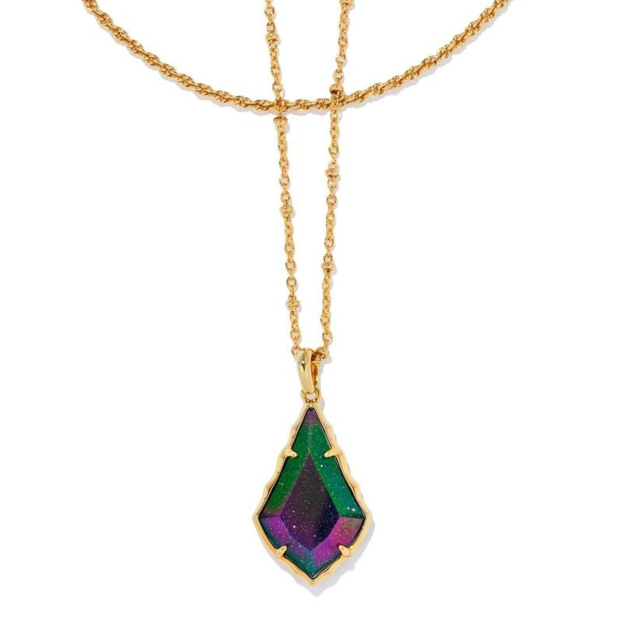 Gold convertiable layering necklace with an iridescent blue goldstone pendant, pictured on a white background.