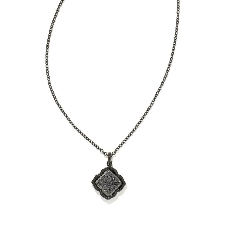 Gunmetal necklace with black drusy kendra pendant, pictured on a white background.