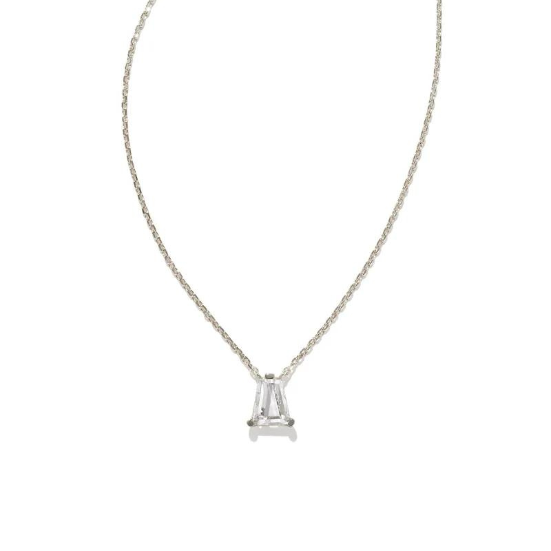 Silver necklace with white crystal pendant, pictured on a white background.