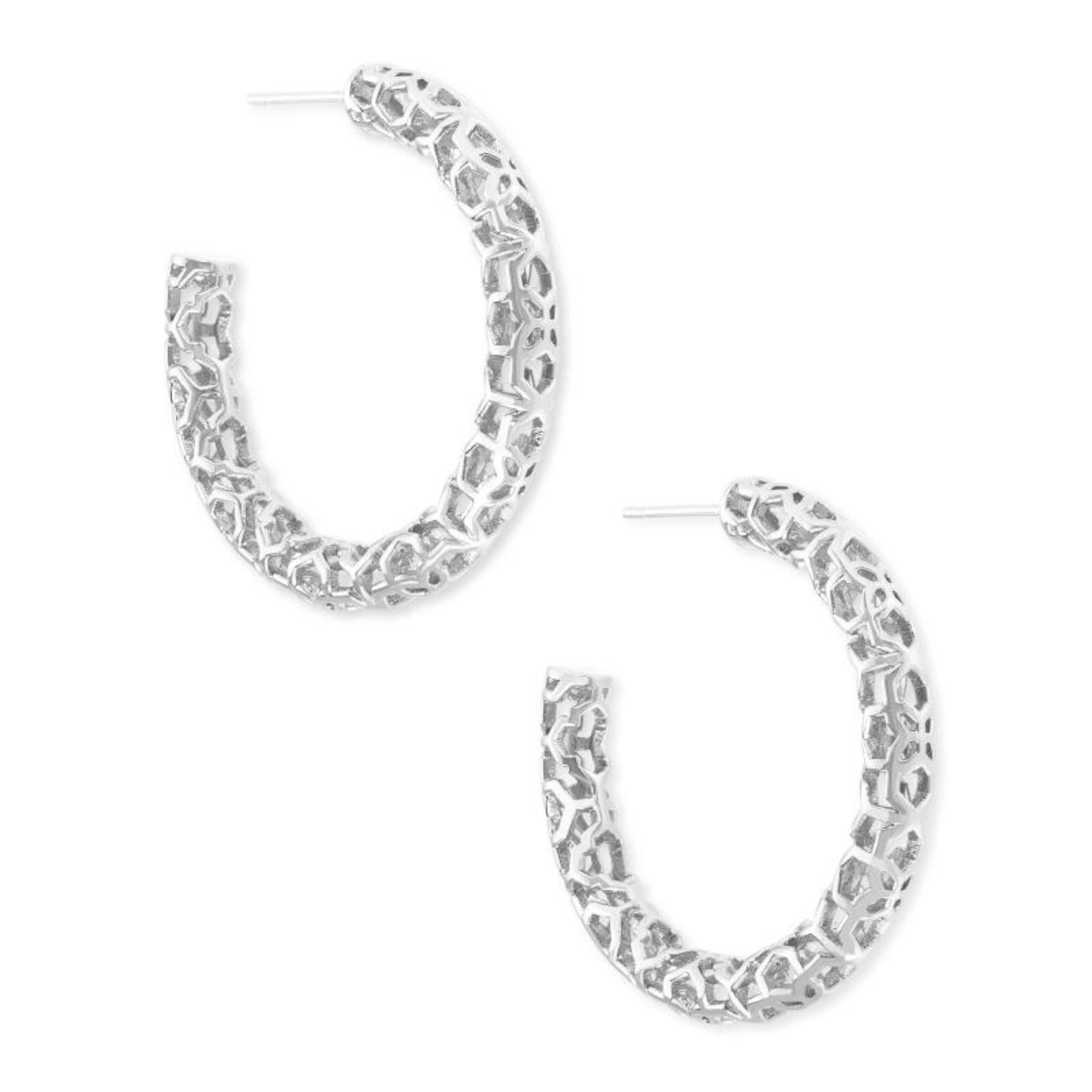 Silver hoop earrings with filigree detailing, pictured on a white background.