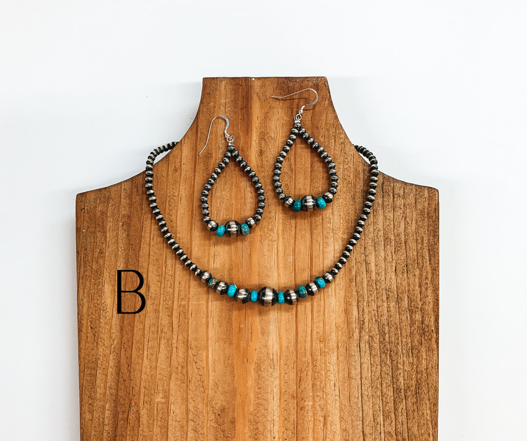 Navajo |  Navajo Handmade Sterling Silver Navajo Pearl Necklace  with Turquoise Beads + Matching Earrings - Giddy Up Glamour Boutique