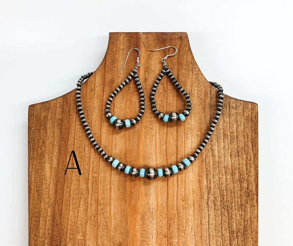 Navajo |  Navajo Handmade Sterling Silver Navajo Pearl Necklace  with Turquoise Beads + Matching Earrings - Giddy Up Glamour Boutique