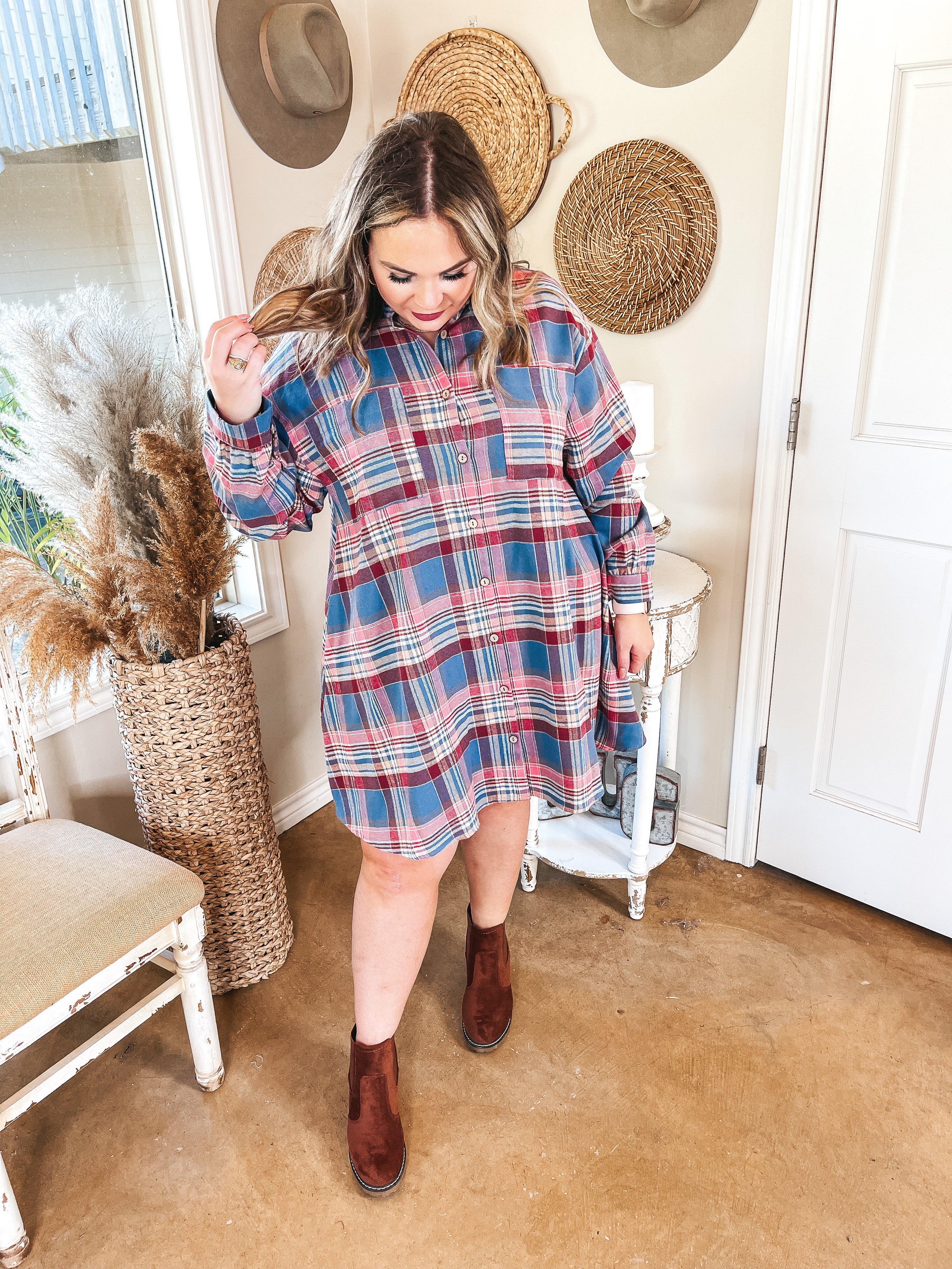 Vibrant Lifestyle Plaid Button Up Dress in Dusty Blue and Pink - Giddy Up Glamour Boutique