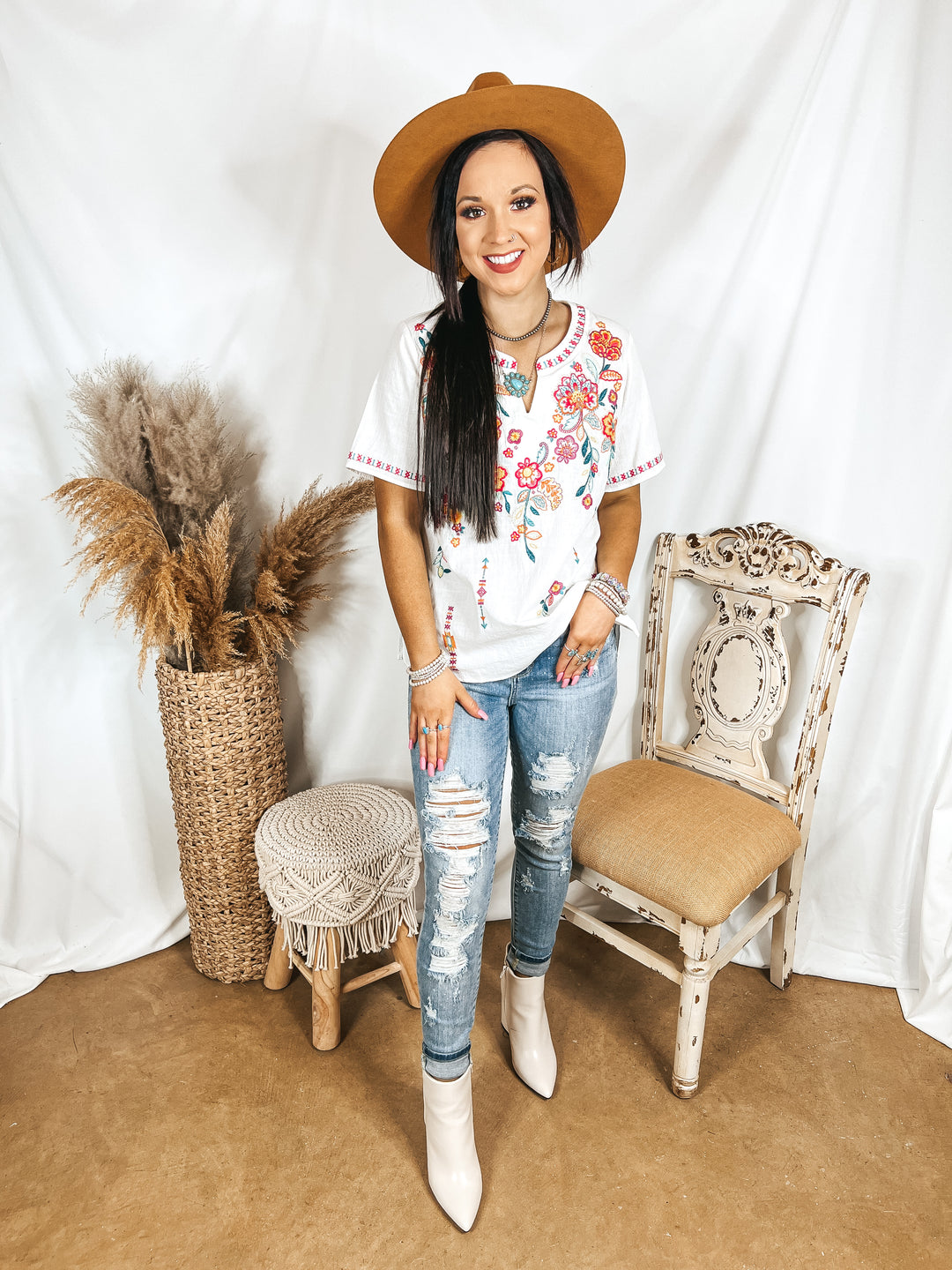 Shaken or Stirred Floral Embroidered Notched Neck Top in White - Giddy Up Glamour Boutique