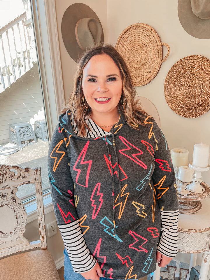 Weekend Highlight Multi Color Lightning Bolt Long Sleeve Hoodie in Charcoal Grey - Giddy Up Glamour Boutique