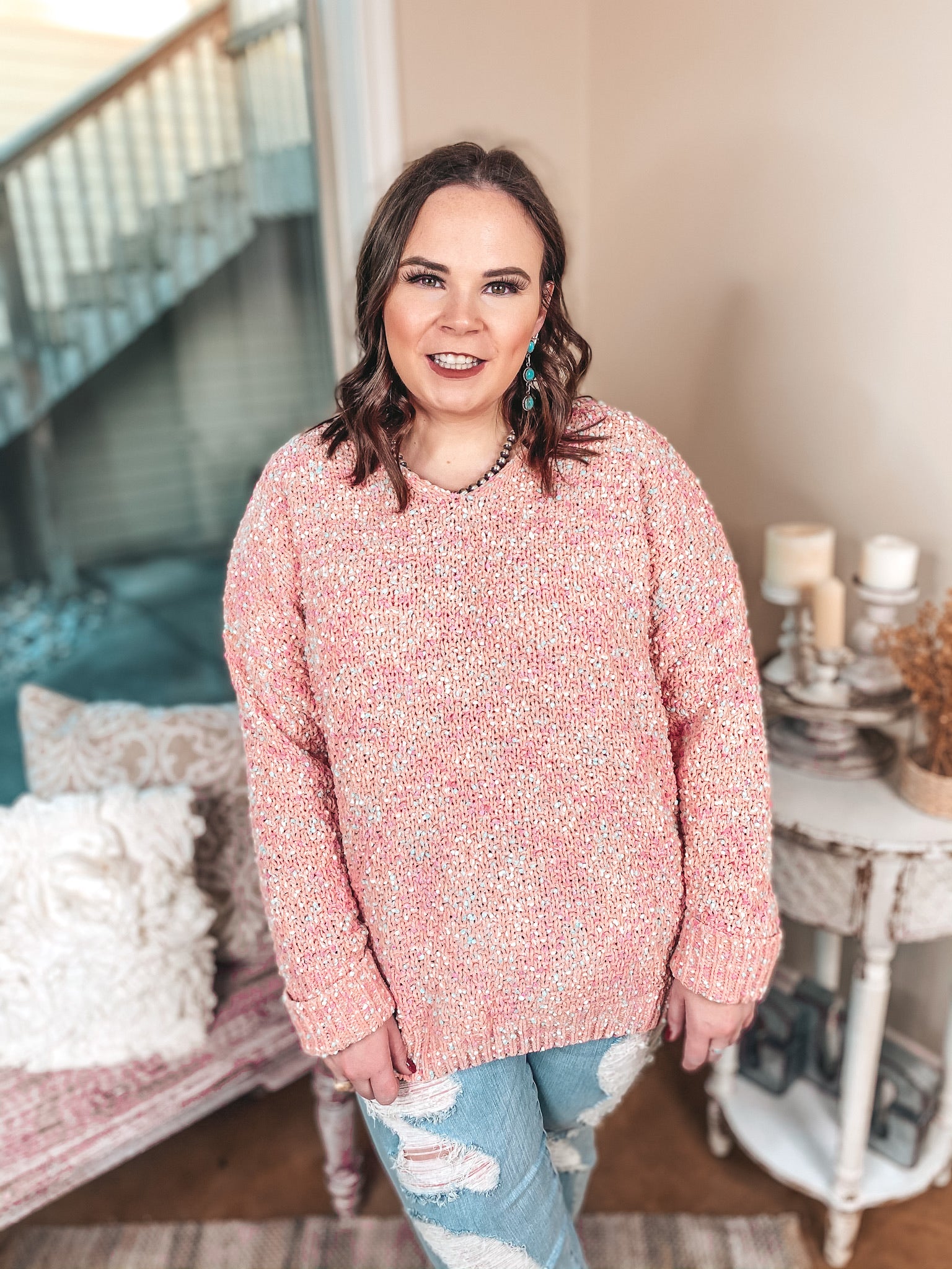 Hot Sighting Knit Sweater with Ivory, Mint, and Pink Stitching in Coral - Giddy Up Glamour Boutique