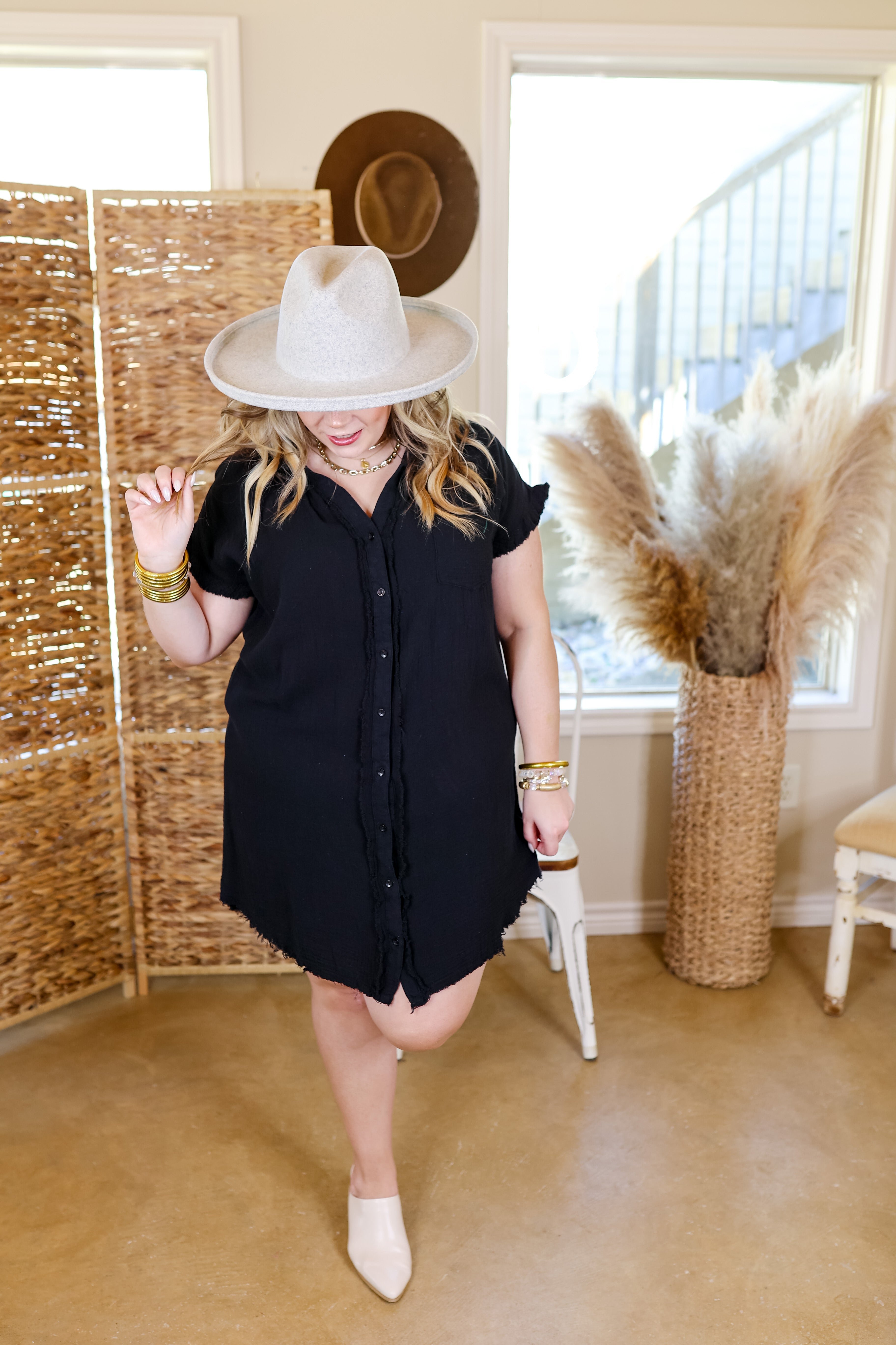 Spring Glow Button Up Raw Hem Dress in Black - Giddy Up Glamour Boutique