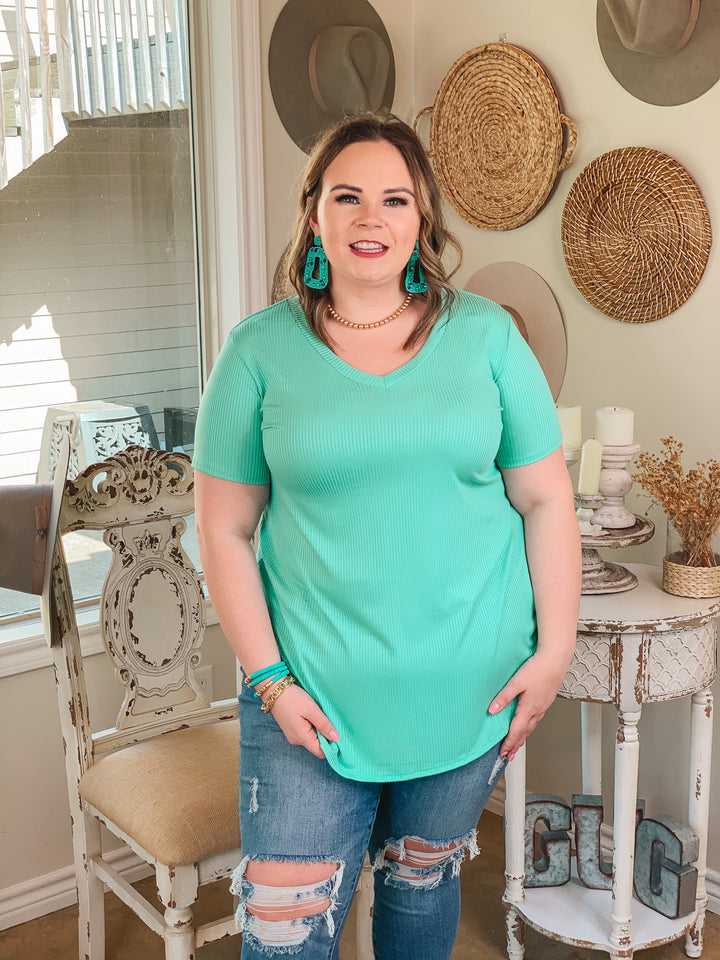 Simply Obsessed Ribbed Short Sleeve V Neck Top in Mint - Giddy Up Glamour Boutique