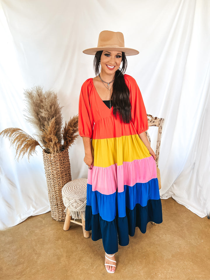 Coral Reef V Neck Striped Maxi Dress in Coral Orange Mix - Giddy Up Glamour Boutique