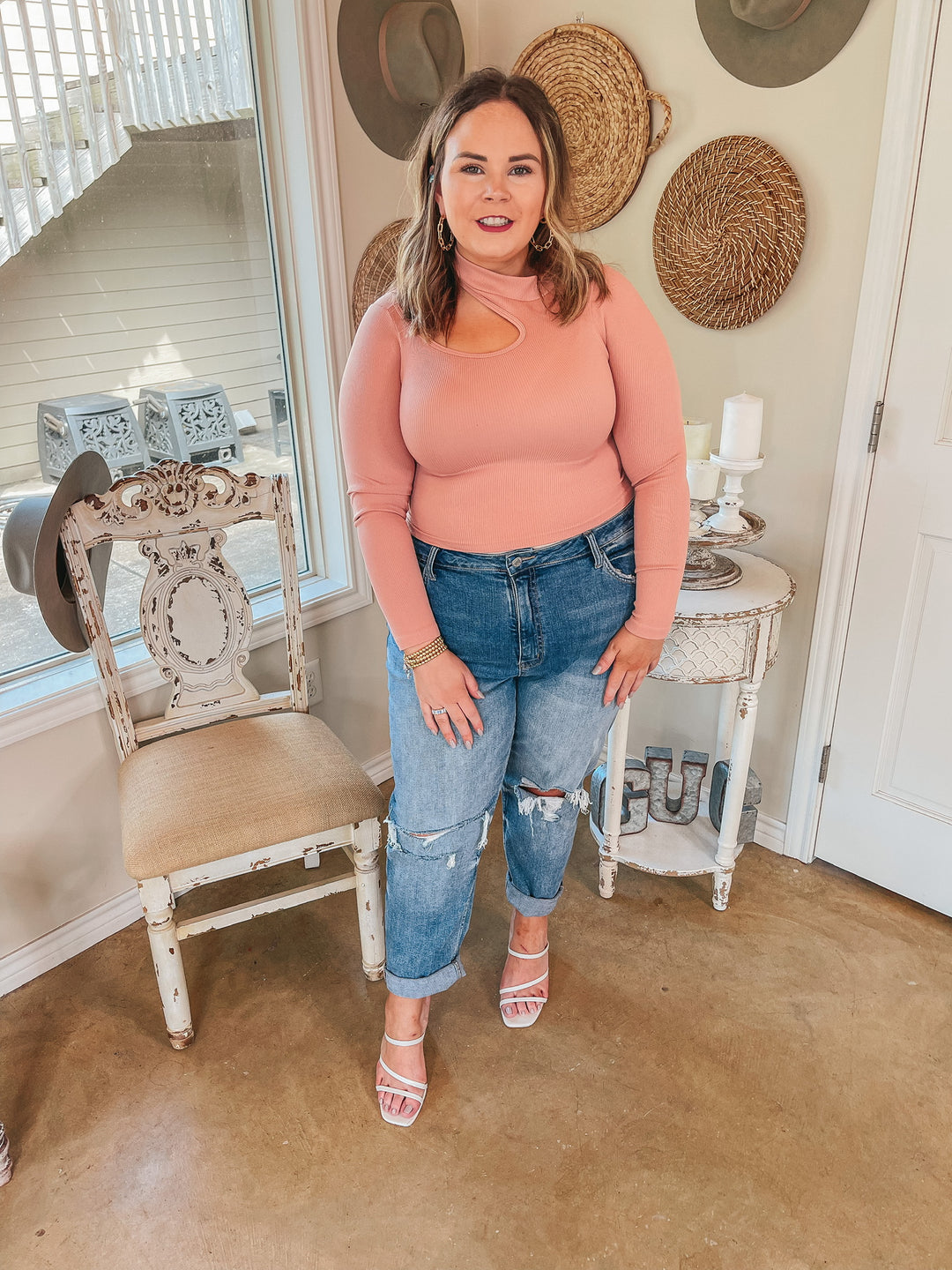 Day Glow Mockneck Cut Out Long Sleeve Crop Top in Mauve - Giddy Up Glamour Boutique