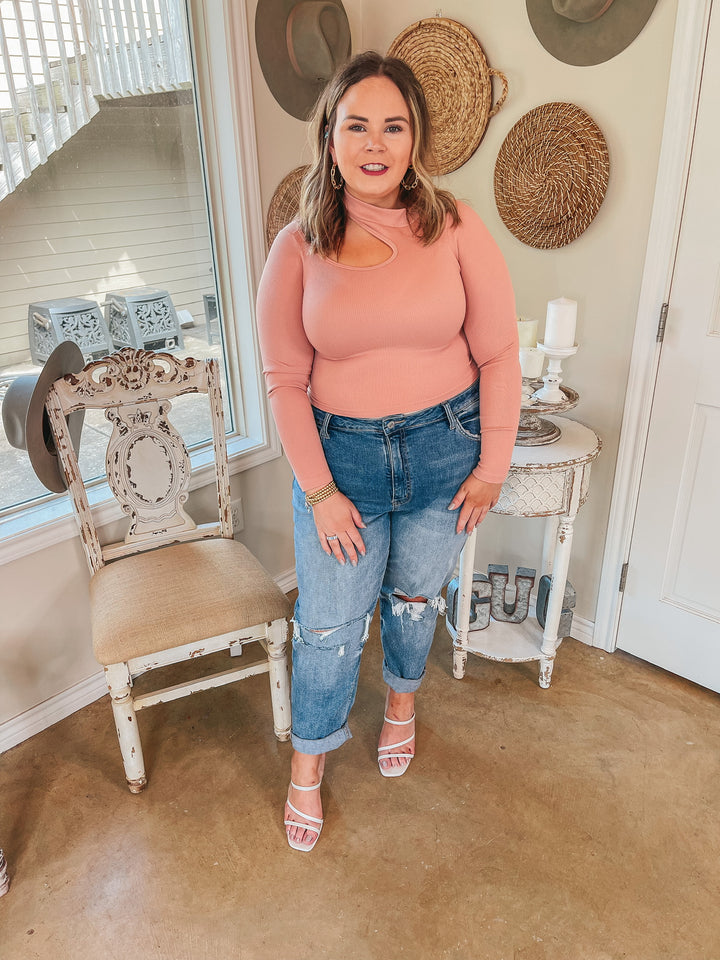 Day Glow Mockneck Cut Out Long Sleeve Crop Top in Mauve - Giddy Up Glamour Boutique