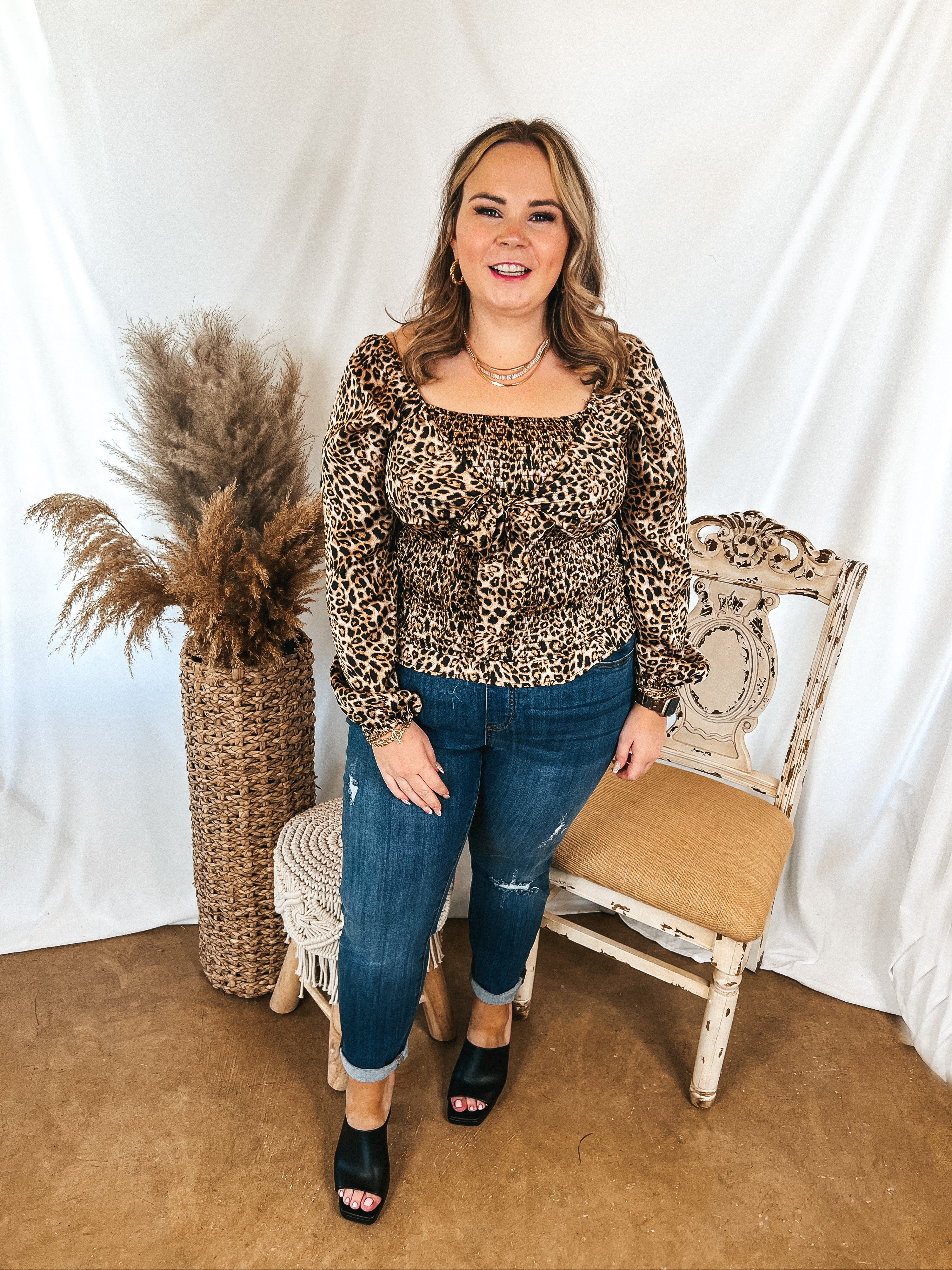 Drive Them Wild Tie Bust Smocked Crop Top in Leopard Print - Giddy Up Glamour Boutique