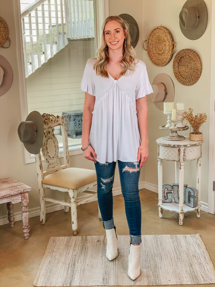 Upon Request Ruffle Detailed Short Sleeve Babydoll Top in White - Giddy Up Glamour Boutique