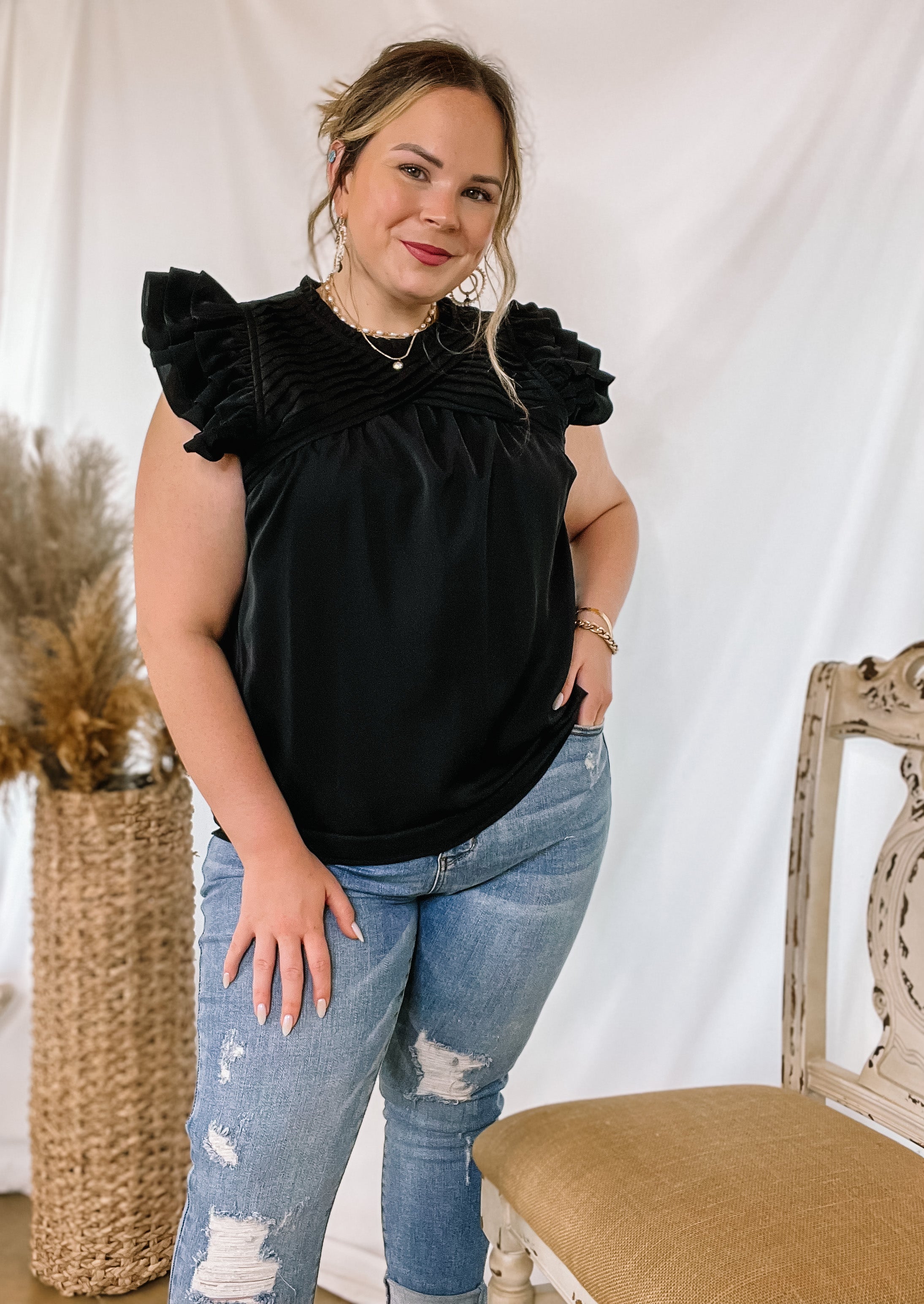 Expect The Best Pleated Upper Blouse with Ruffle Cap Sleeves in Black - Giddy Up Glamour Boutique