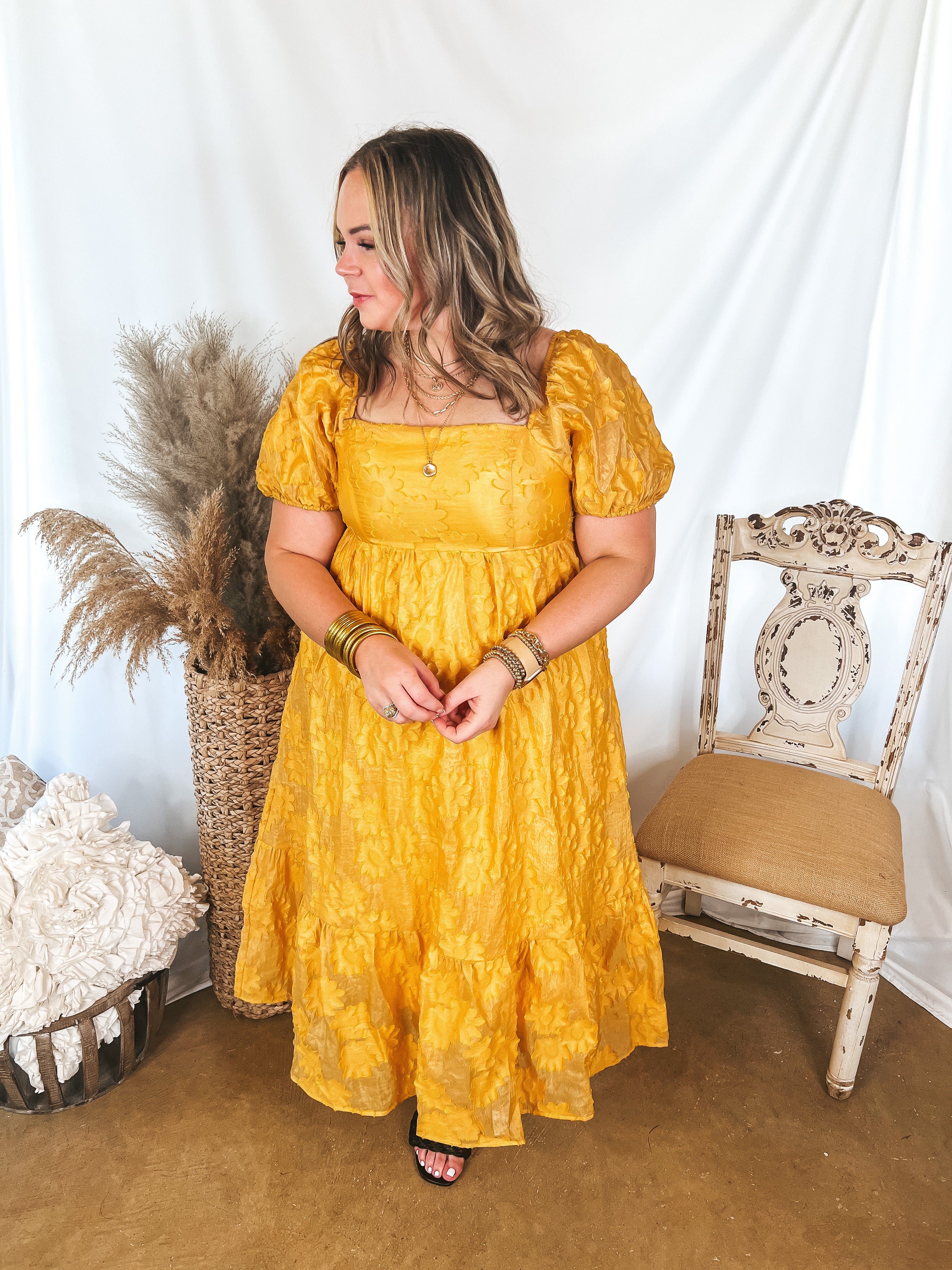 Last Chance Size Small | Summertime Sweetness Floral Embossed Midi Dress with Puff Sleeves in Yellow