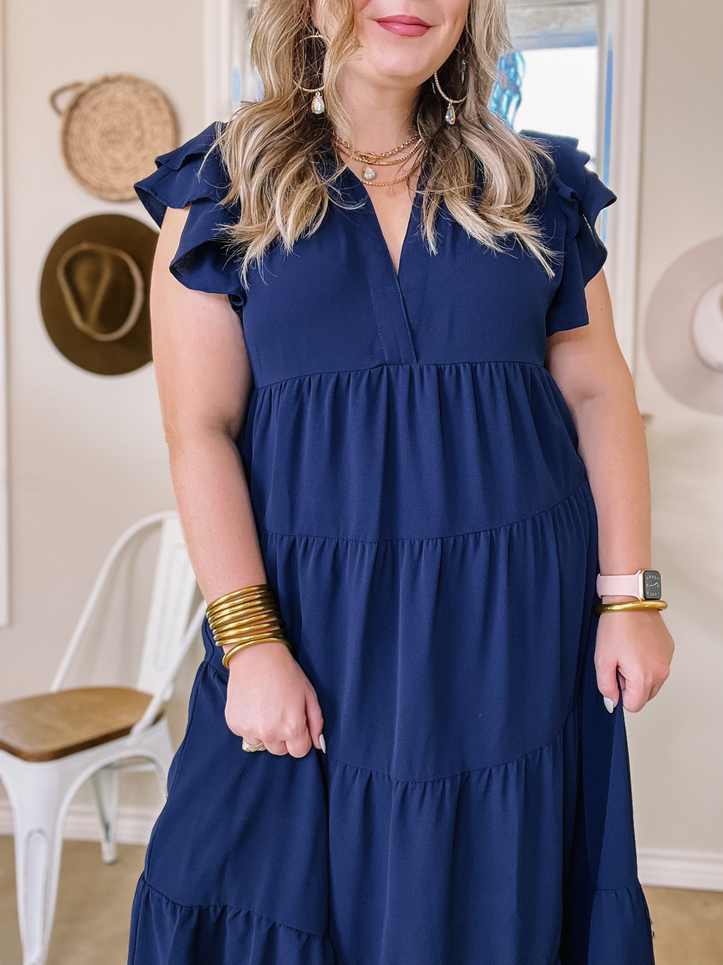 All Of A Sudden Tiered Midi Dress with Ruffle Cap Sleeves in Navy Blue - Giddy Up Glamour Boutique