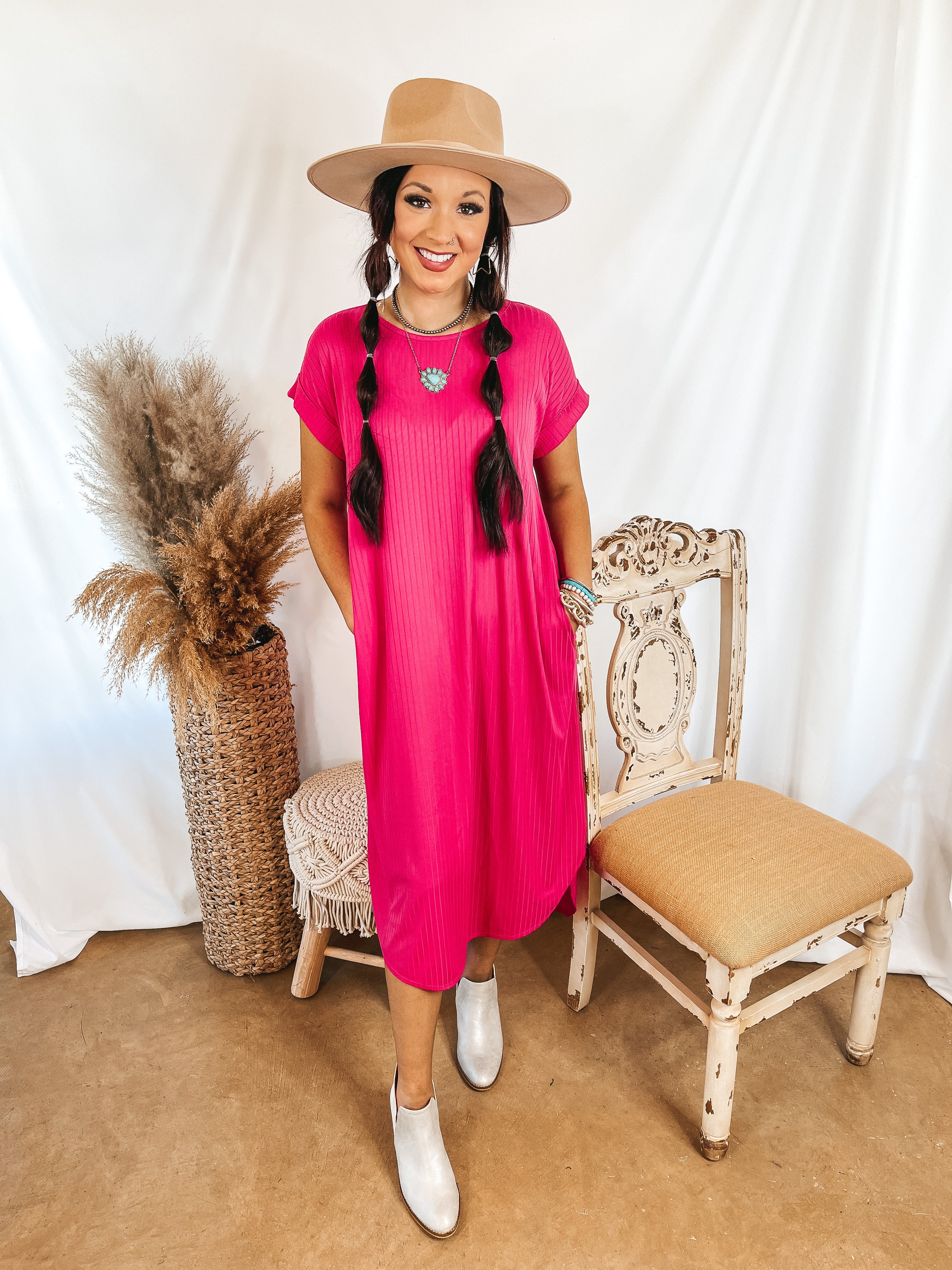Chill Looks Short Sleeve Ribbed Midi Dress in Fuchsia Pink - Giddy Up Glamour Boutique
