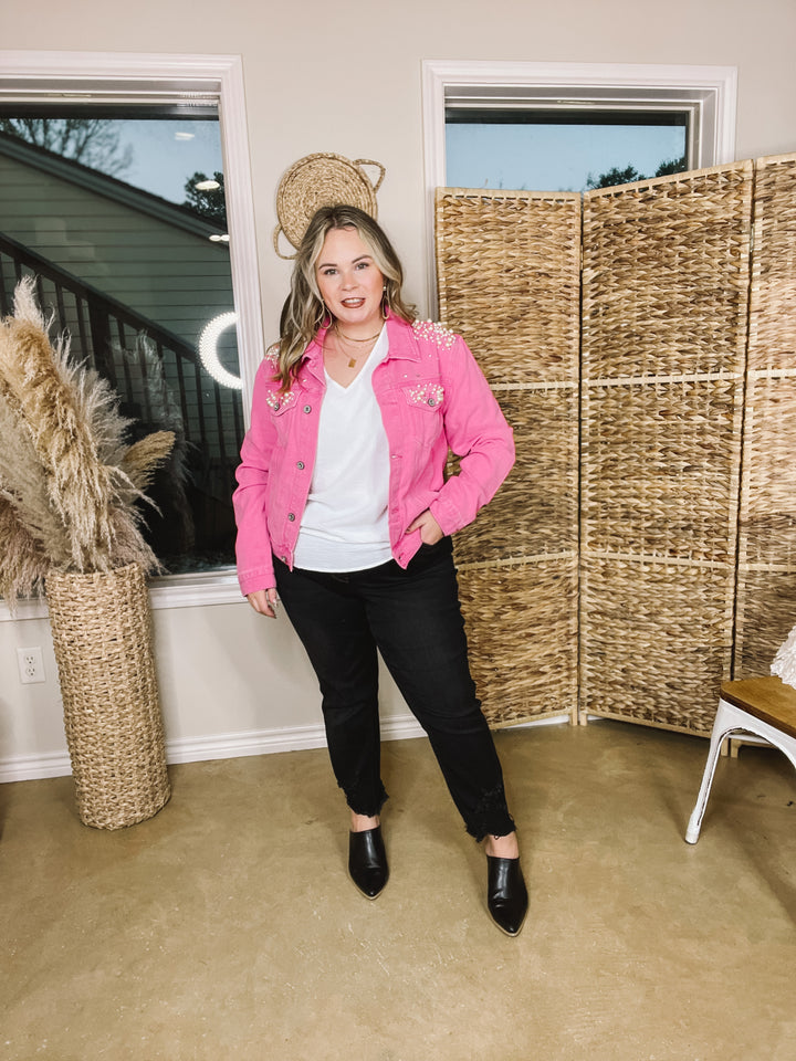 Dreams And Desires Button Up Denim Jacket with Pearls and Crystals and Hot Pink - Giddy Up Glamour Boutique