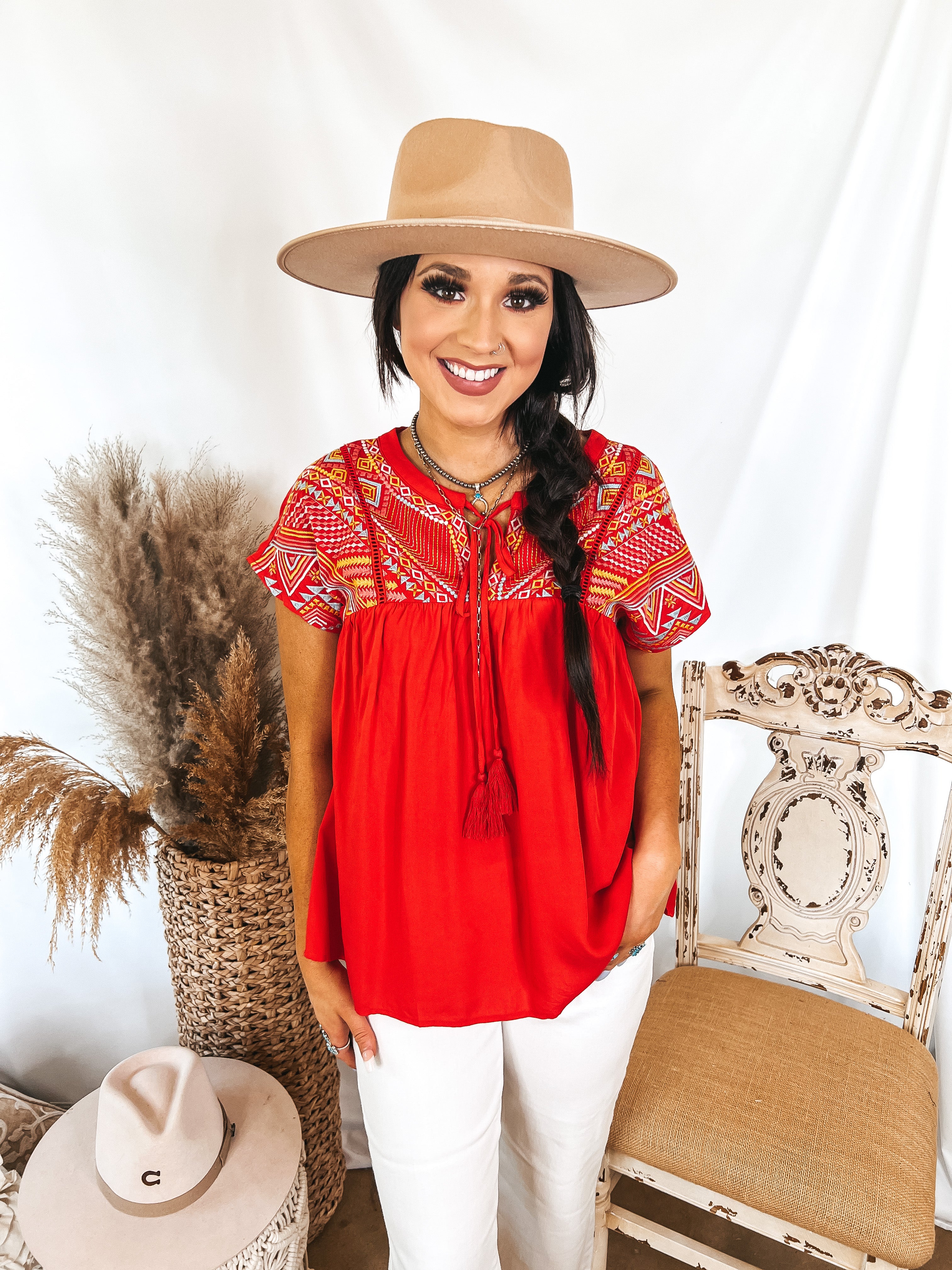 Forgotten Paradise Embroidered Top with Front Tie in Red - Giddy Up Glamour Boutique