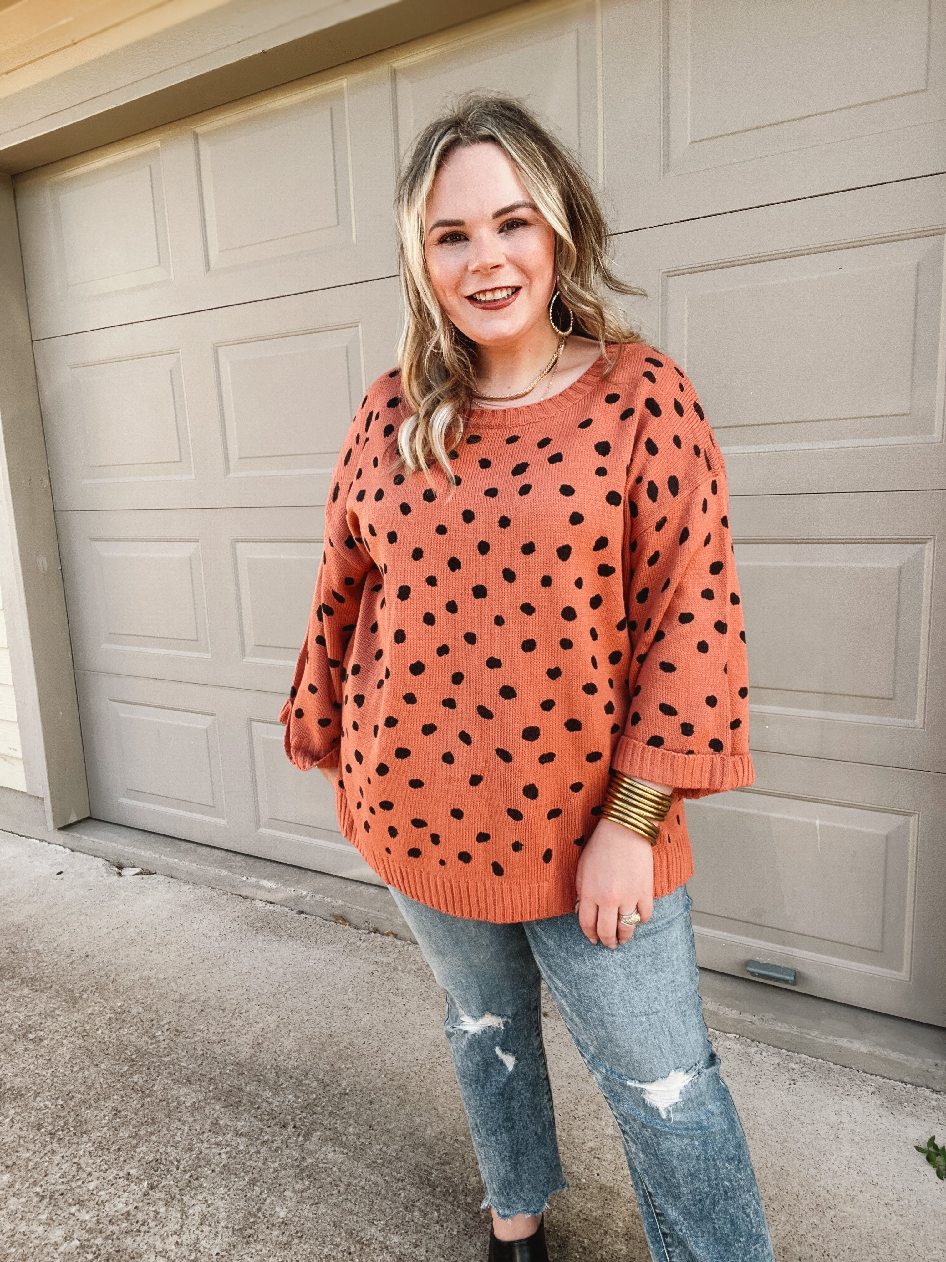 Iced Latte Love Wide 3/4 Sleeve Polka Dot Sweater in Clay Orange - Giddy Up Glamour Boutique