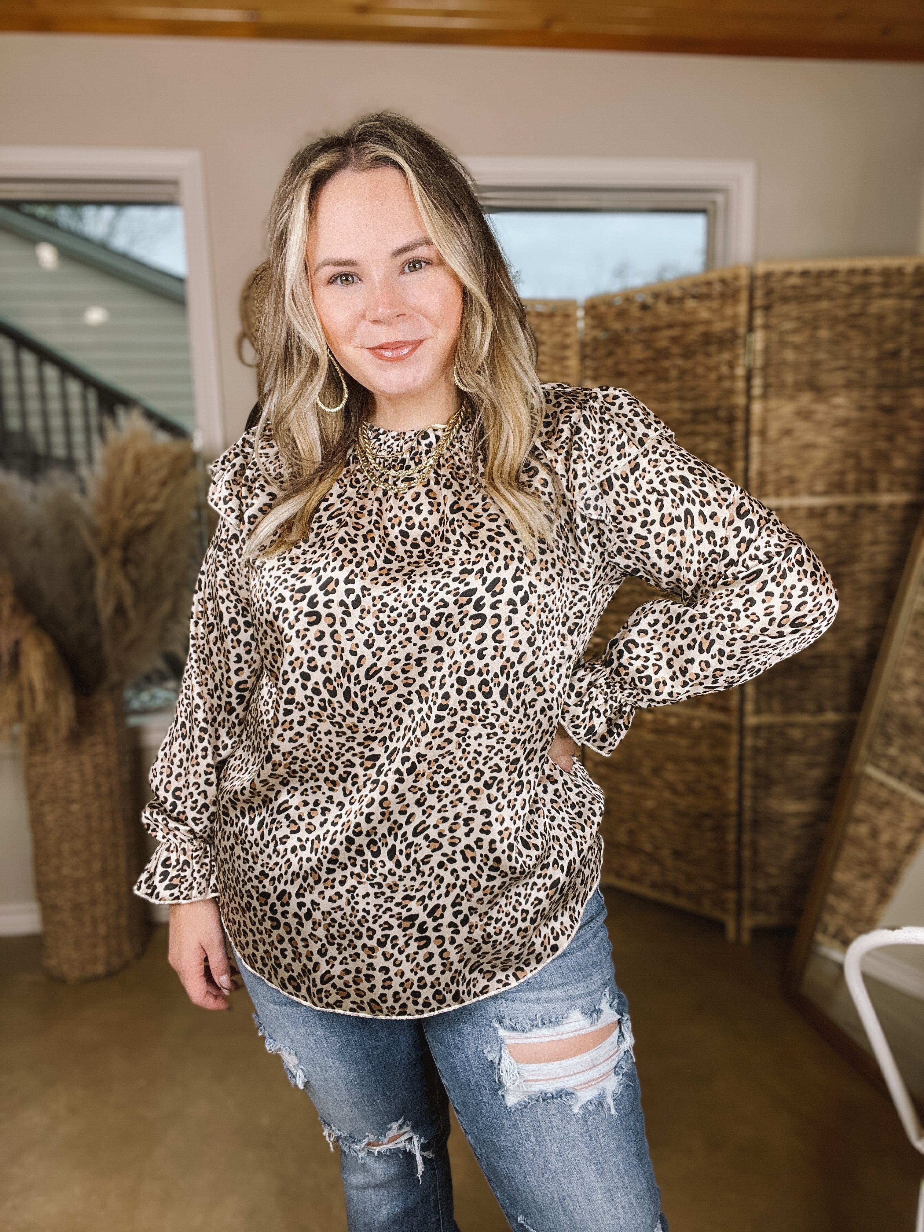 Can't Stop Me Ruffle Mock Neck Long Sleeve Leopard Print Satin Top in Natural - Giddy Up Glamour Boutique