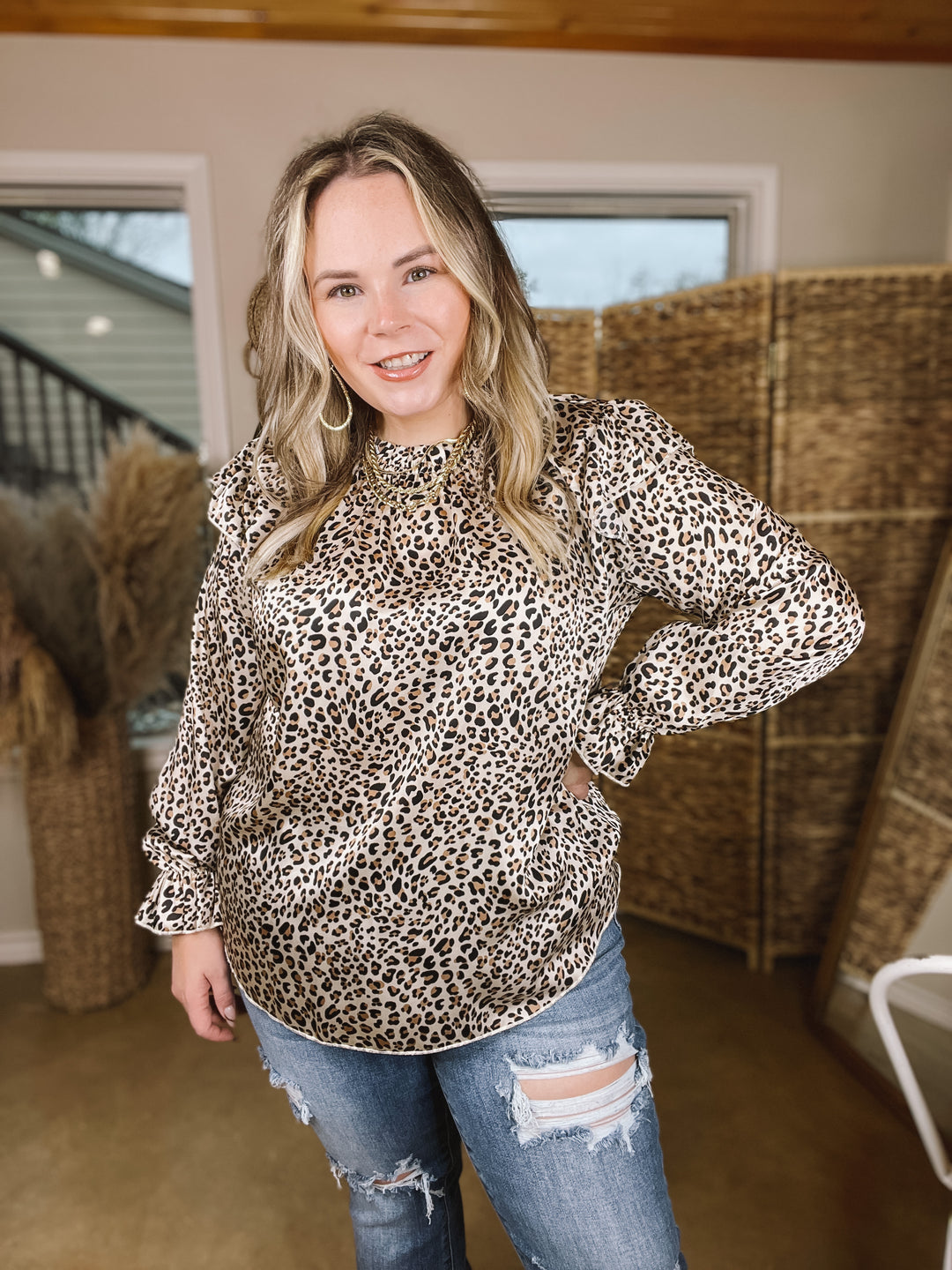 Can't Stop Me Ruffle Mock Neck Long Sleeve Leopard Print Satin Top in Natural - Giddy Up Glamour Boutique