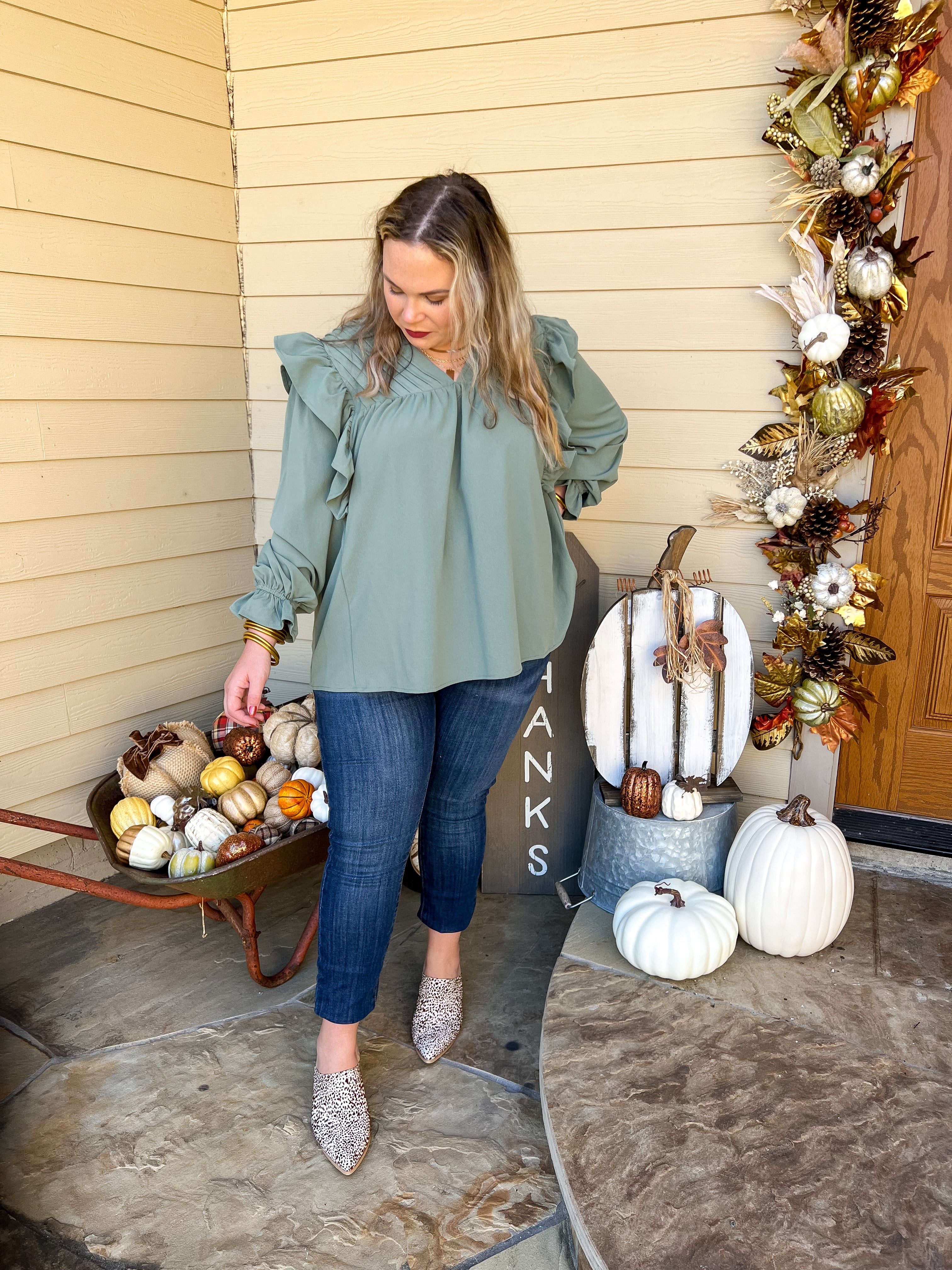 Coffee Perks Ruffle Detail Long Sleeve Top in Sage Green - Giddy Up Glamour Boutique
