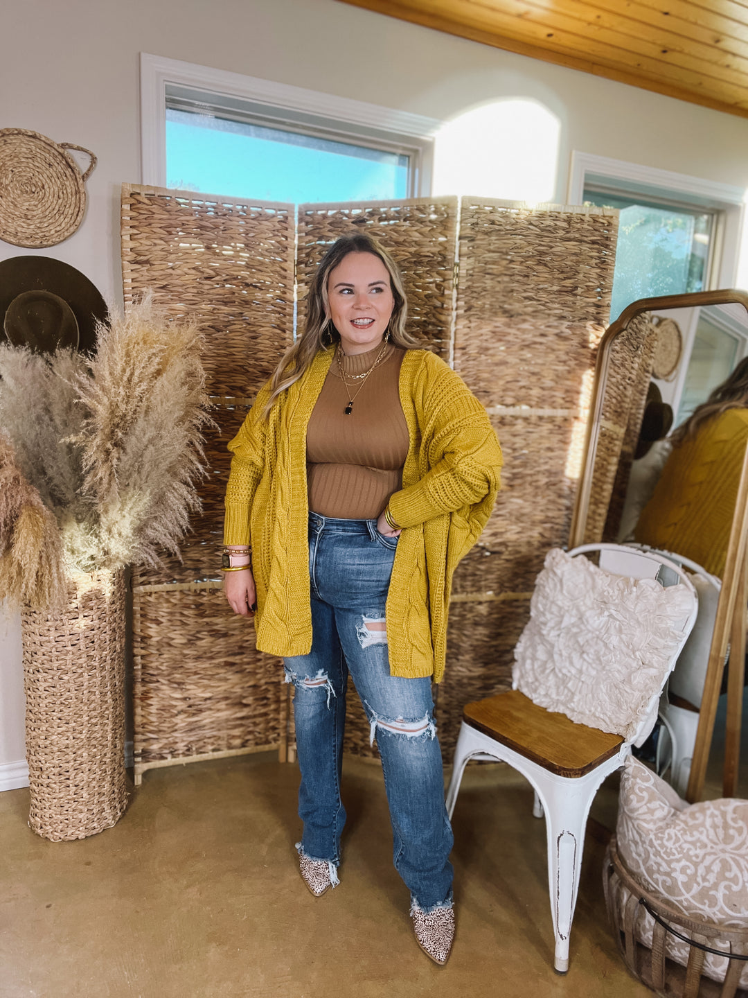 Caramel Spice Kisses Long Sleeve Dolman Cardigan in Mustard Yellow - Giddy Up Glamour Boutique