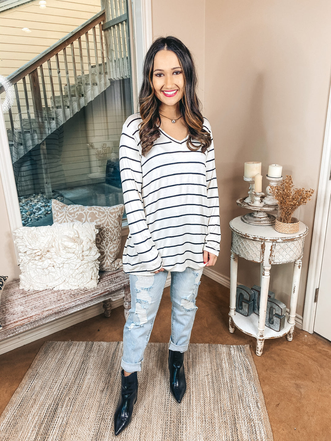 Keep Things Casual Long Sleeve Striped V Neck Tee in Ivory - Giddy Up Glamour Boutique