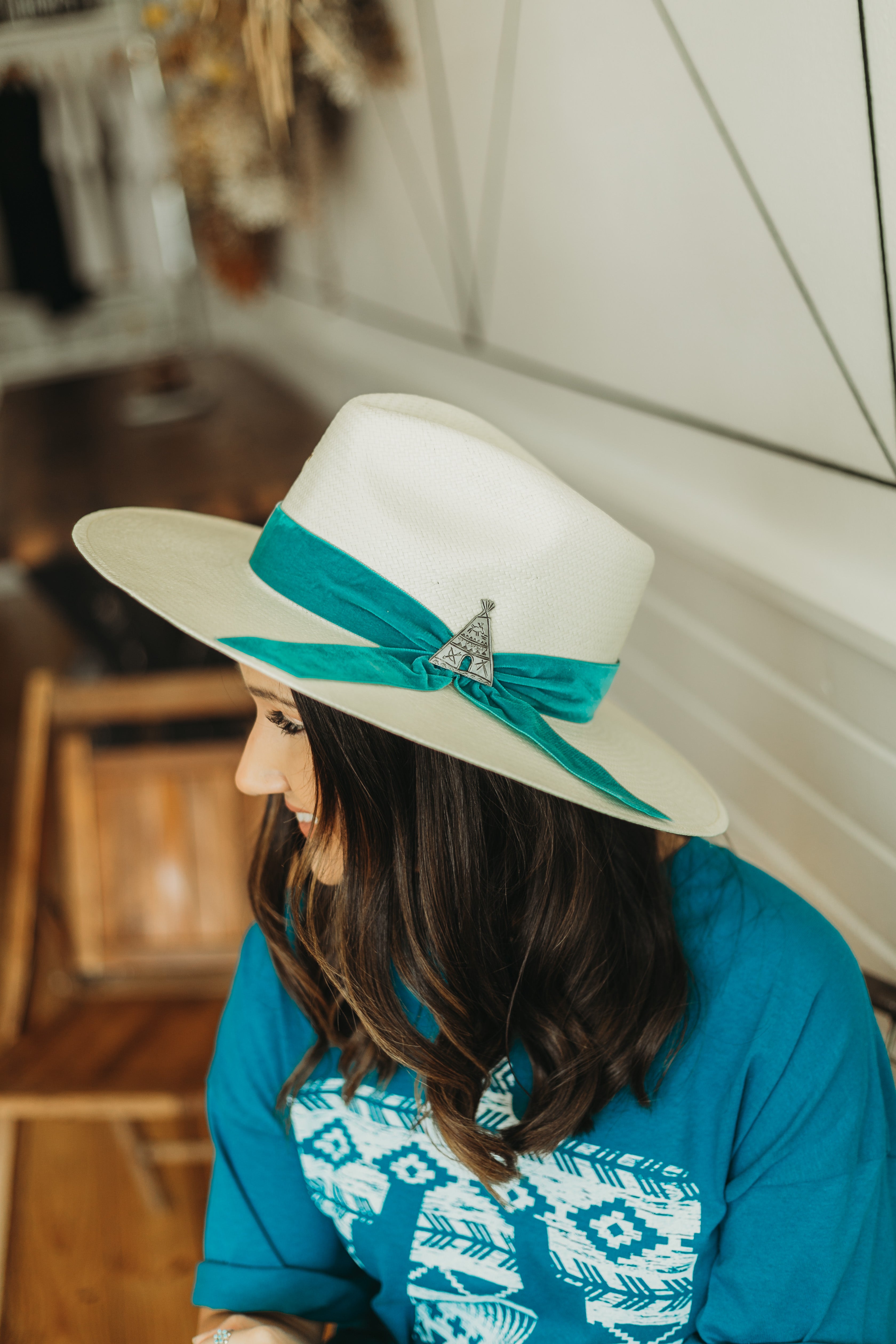 Charlie 1 Horse | Old Apache Straw Hat with Turquoise Blue Velvet Ribbon Band and Barbosa Teepee Concho Pin - Giddy Up Glamour Boutique