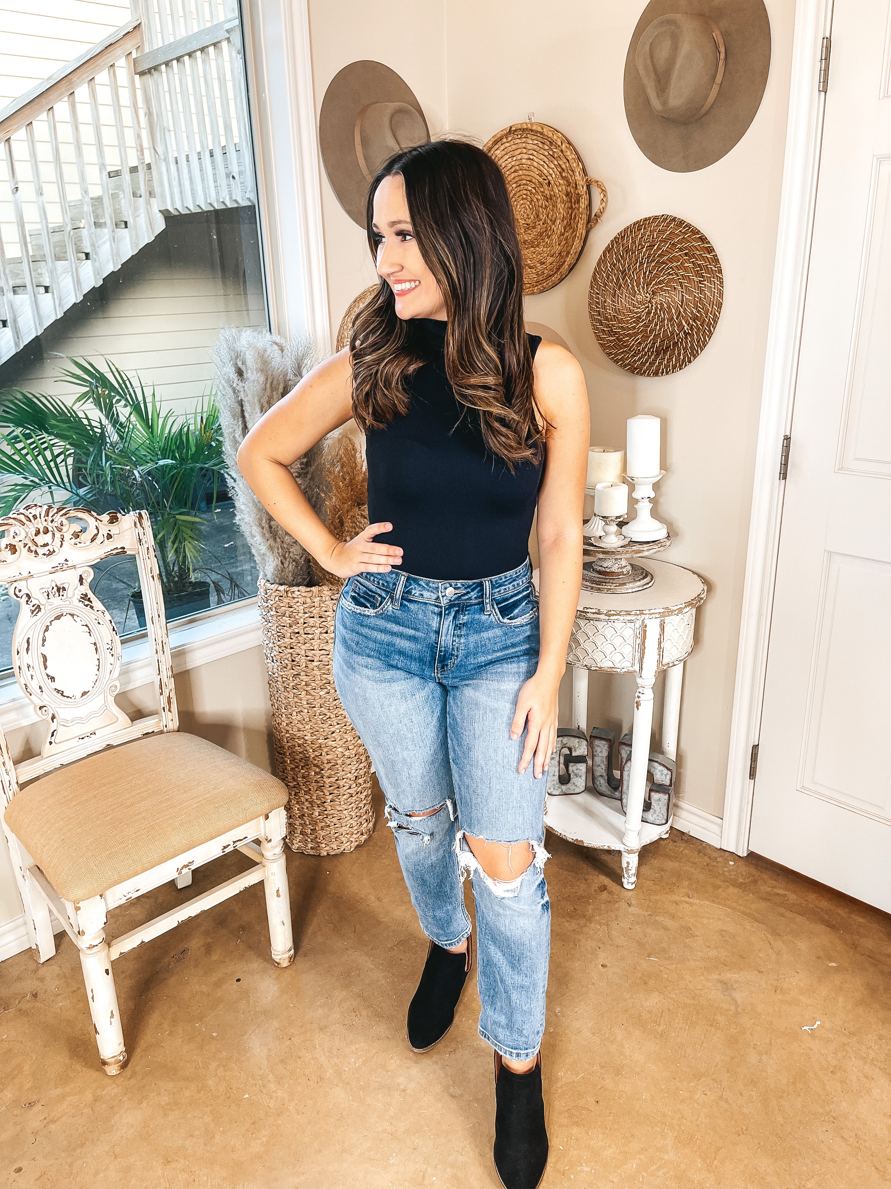 Love and Luck Turtle Neck Ribbed Tank Top Bodysuit in Black - Giddy Up Glamour Boutique
